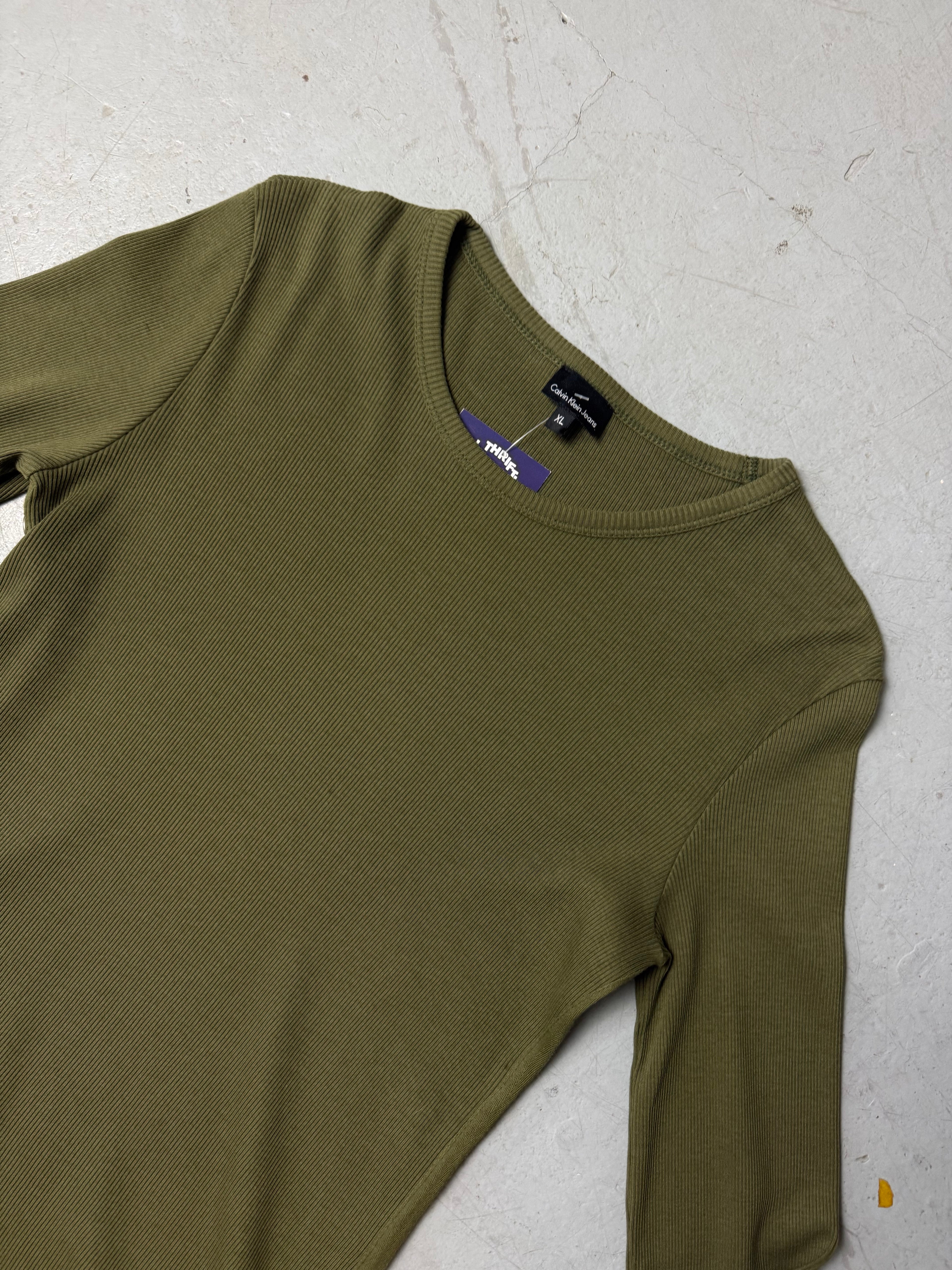 Vintage Calvin Klein Green Ribbed Longsleeve for girls. Y2K Second Hand 2000s Fashion 