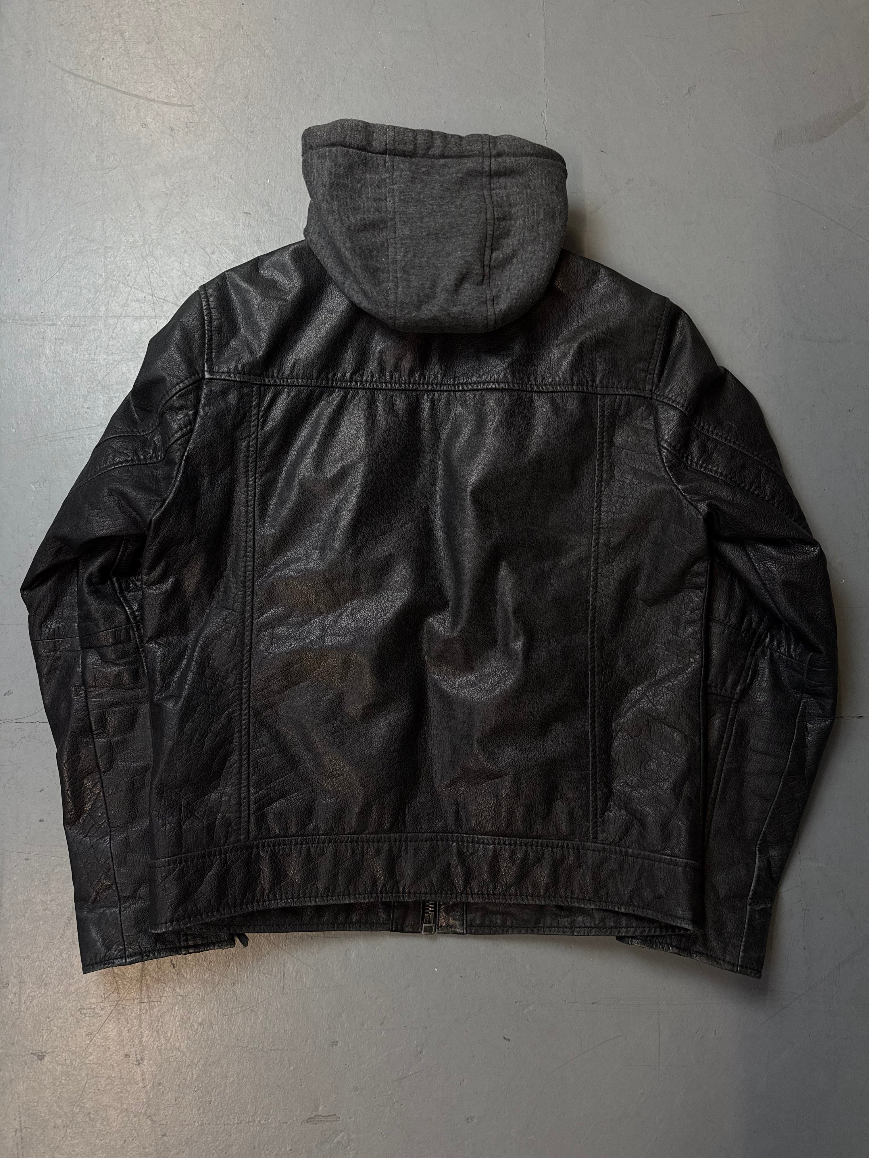 Vintage Oakwood Black Hooded Leather Jacket M