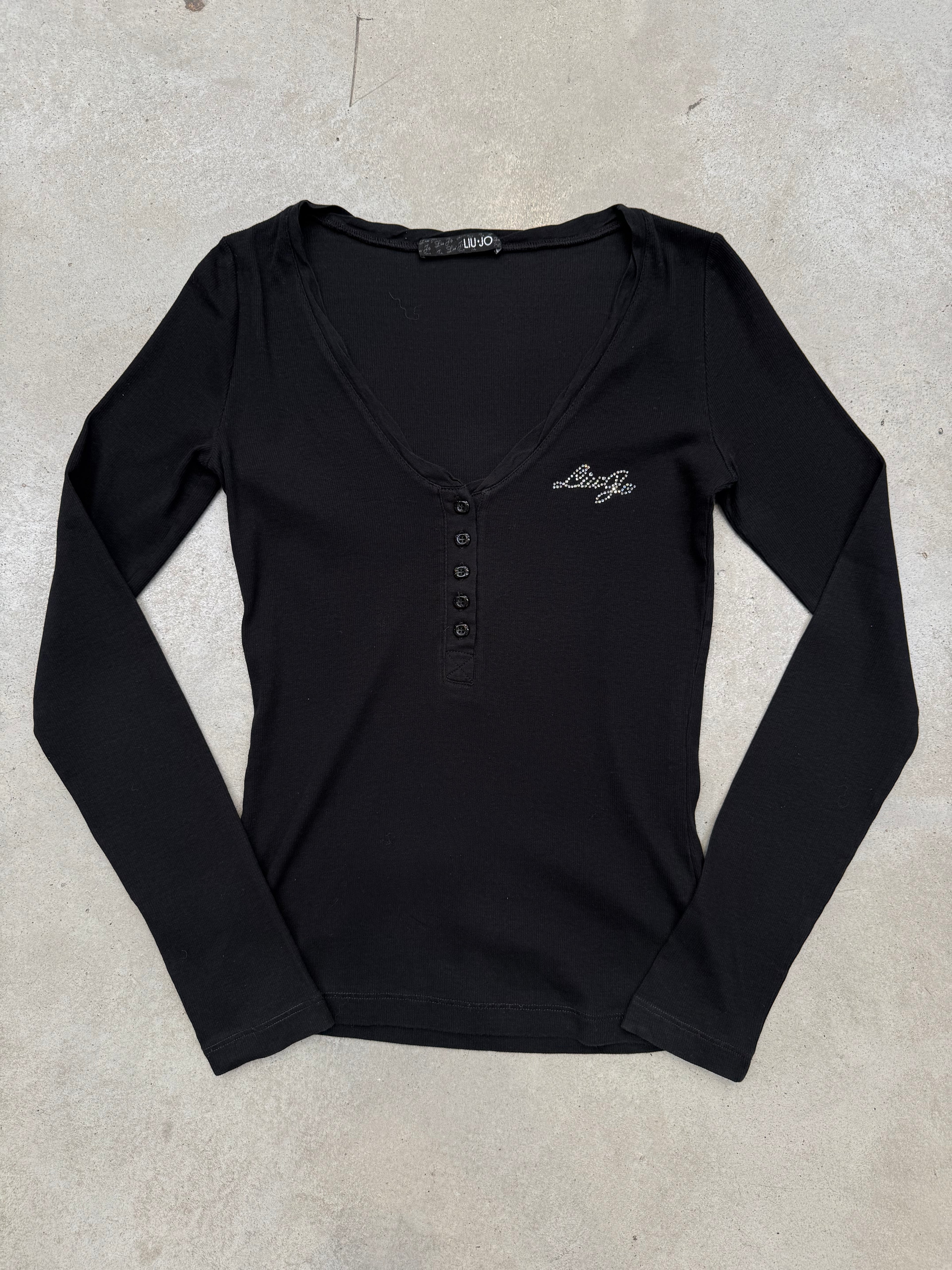 Vintage Liu Jo Black Rhinestone Logo Longsleeve für Herren Y2K Second Hand Fashion