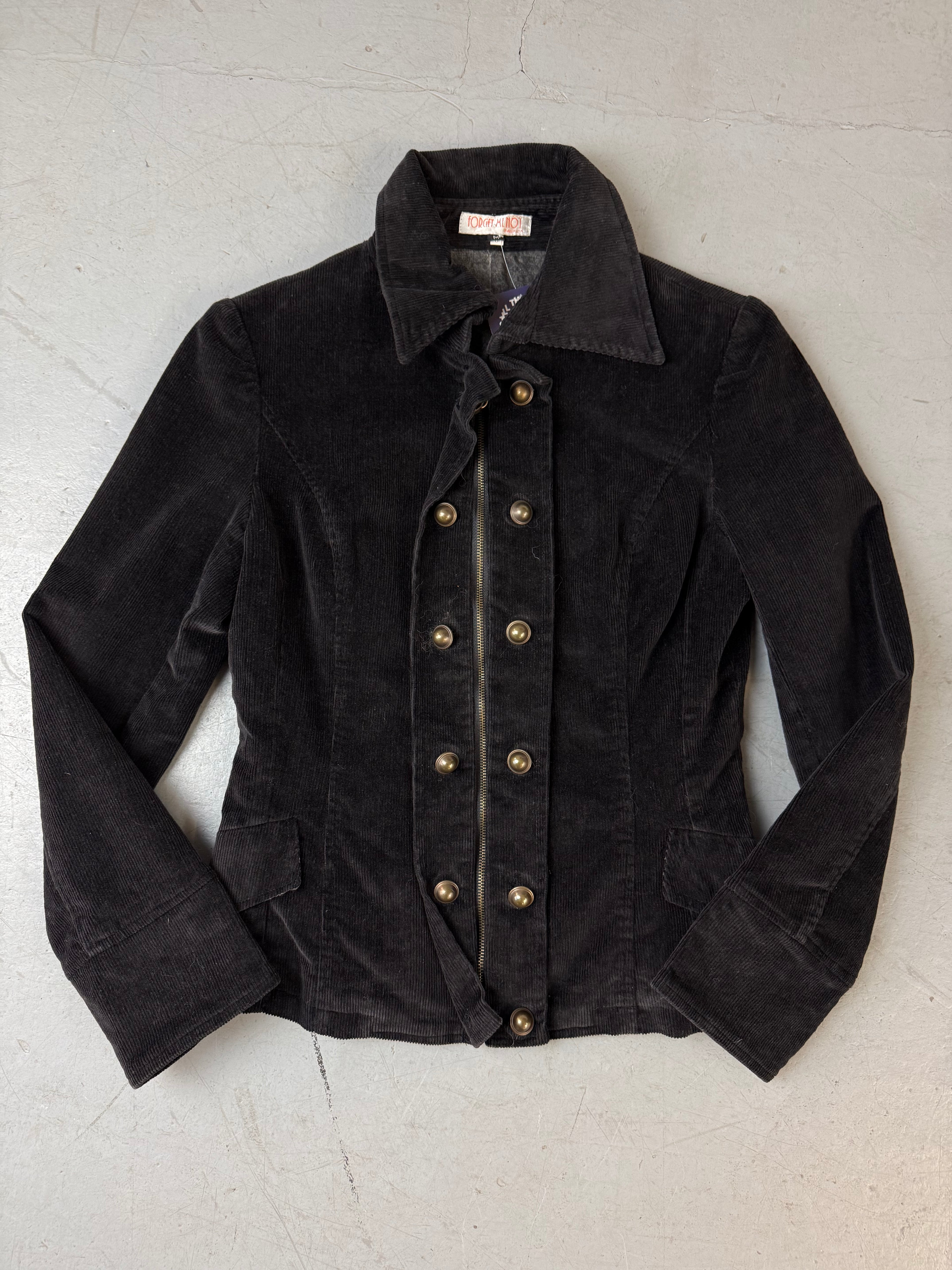Vintage Forget Menot Black Cord Jacket mit Doppelknopfleiste für Damen. Y2K Second Hand 2000s Fashion