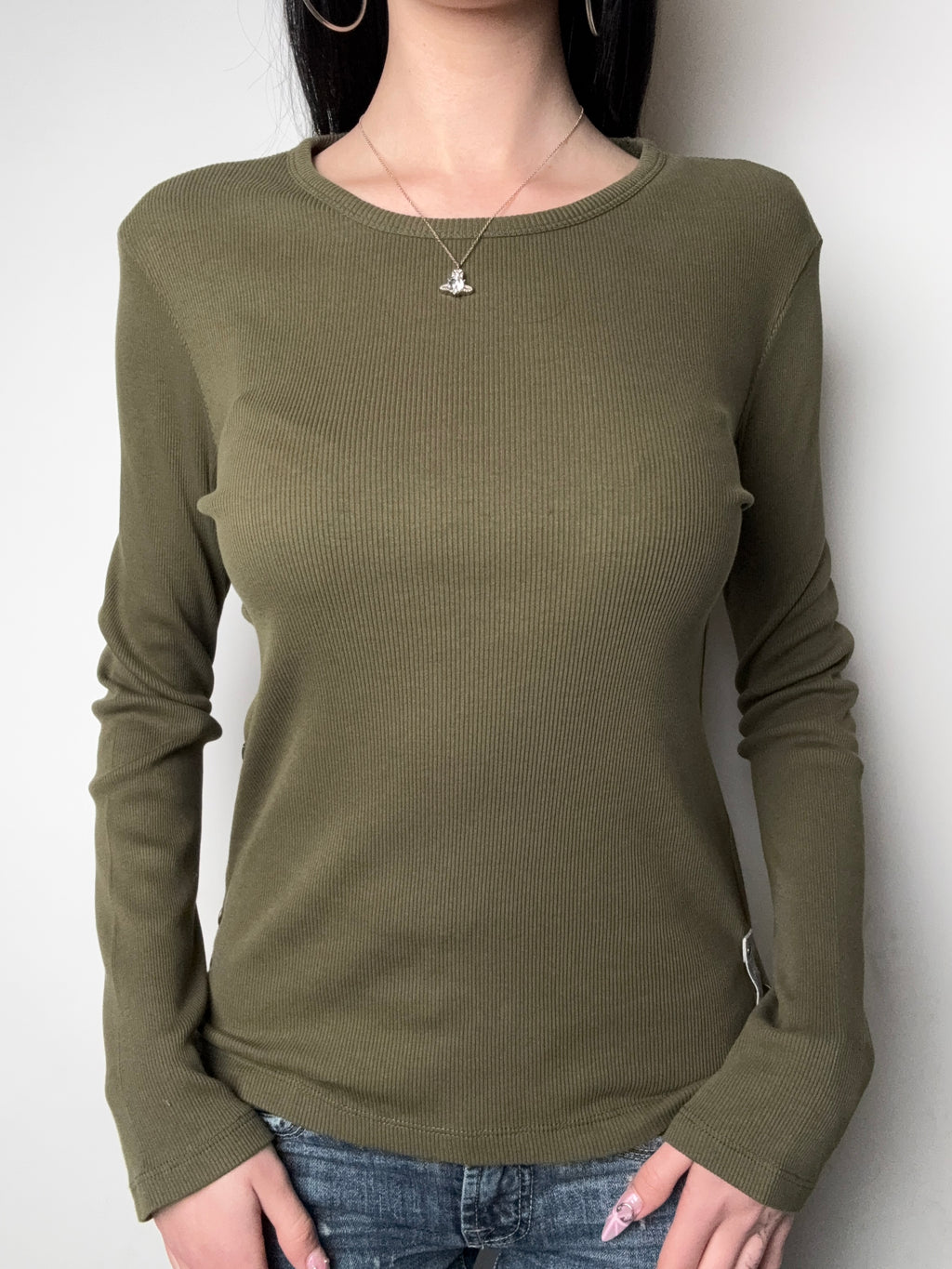 Vintage Calvin Klein Green Ribbed Longsleeve for girls. Y2K Second Hand 2000s Fashion 