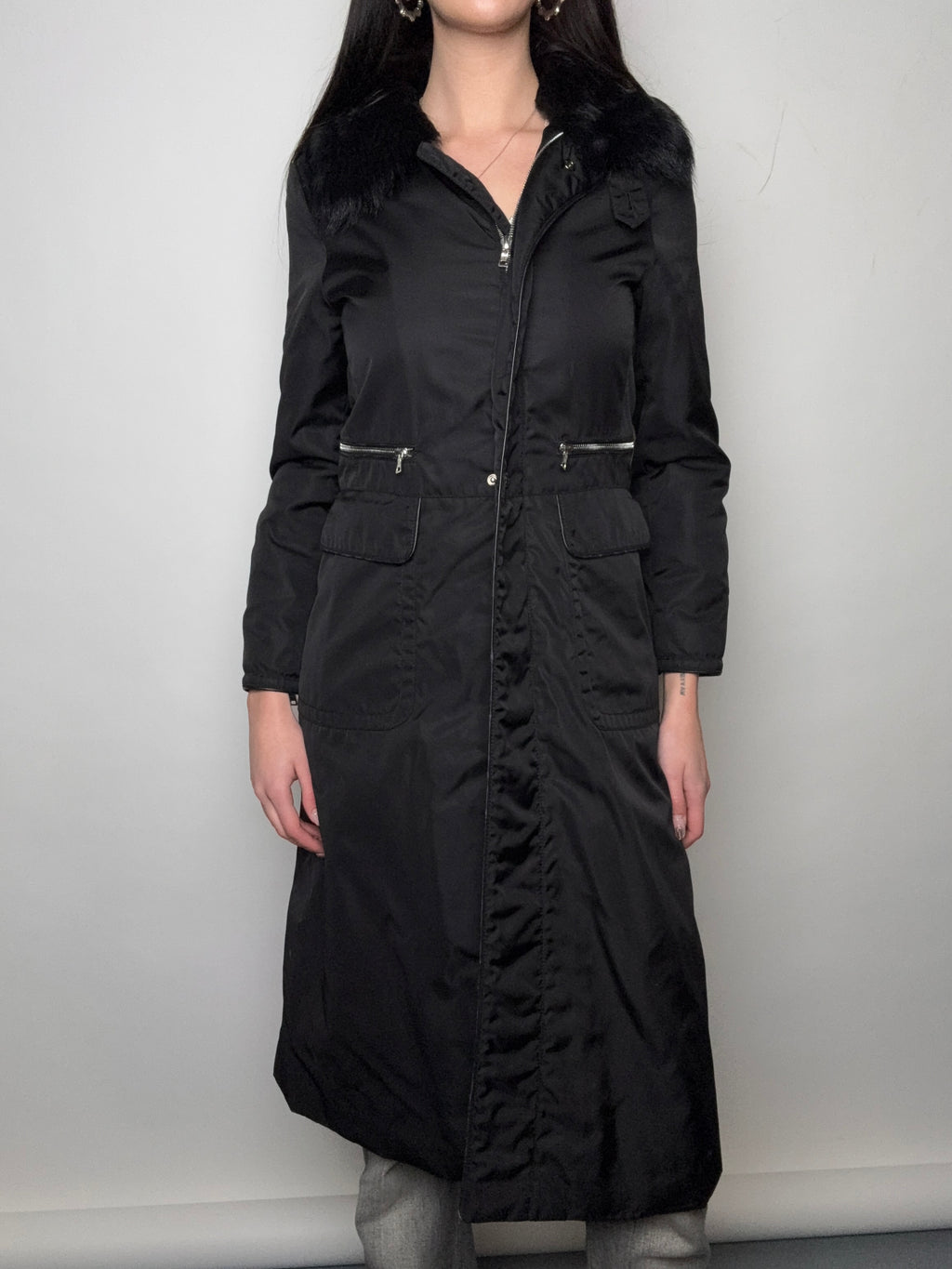 Vintage Prada Black Coat with Sheep Fur Collar M