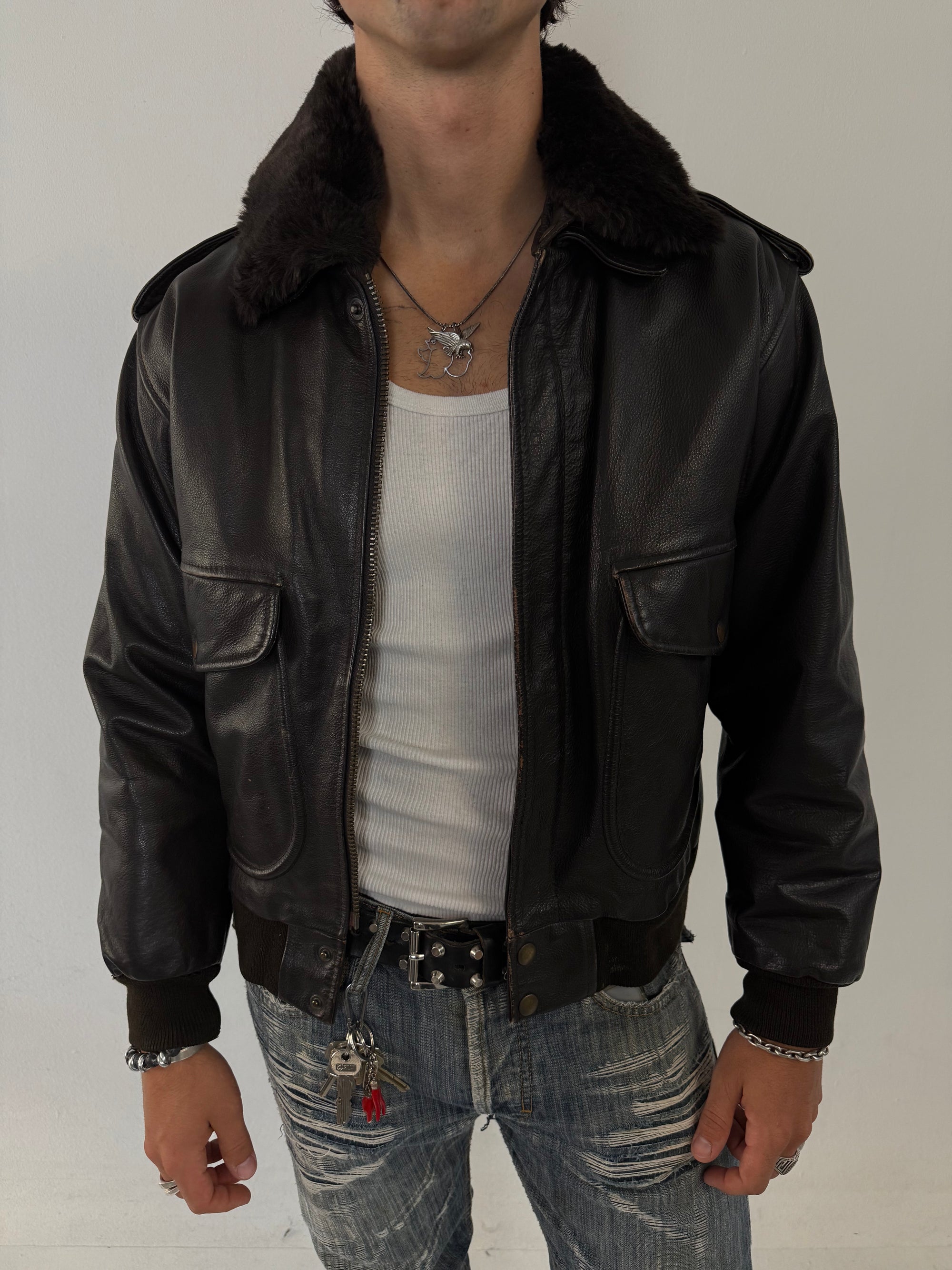 Vintage Brown Double Lined Leather Jacket with Removable Fur Collar