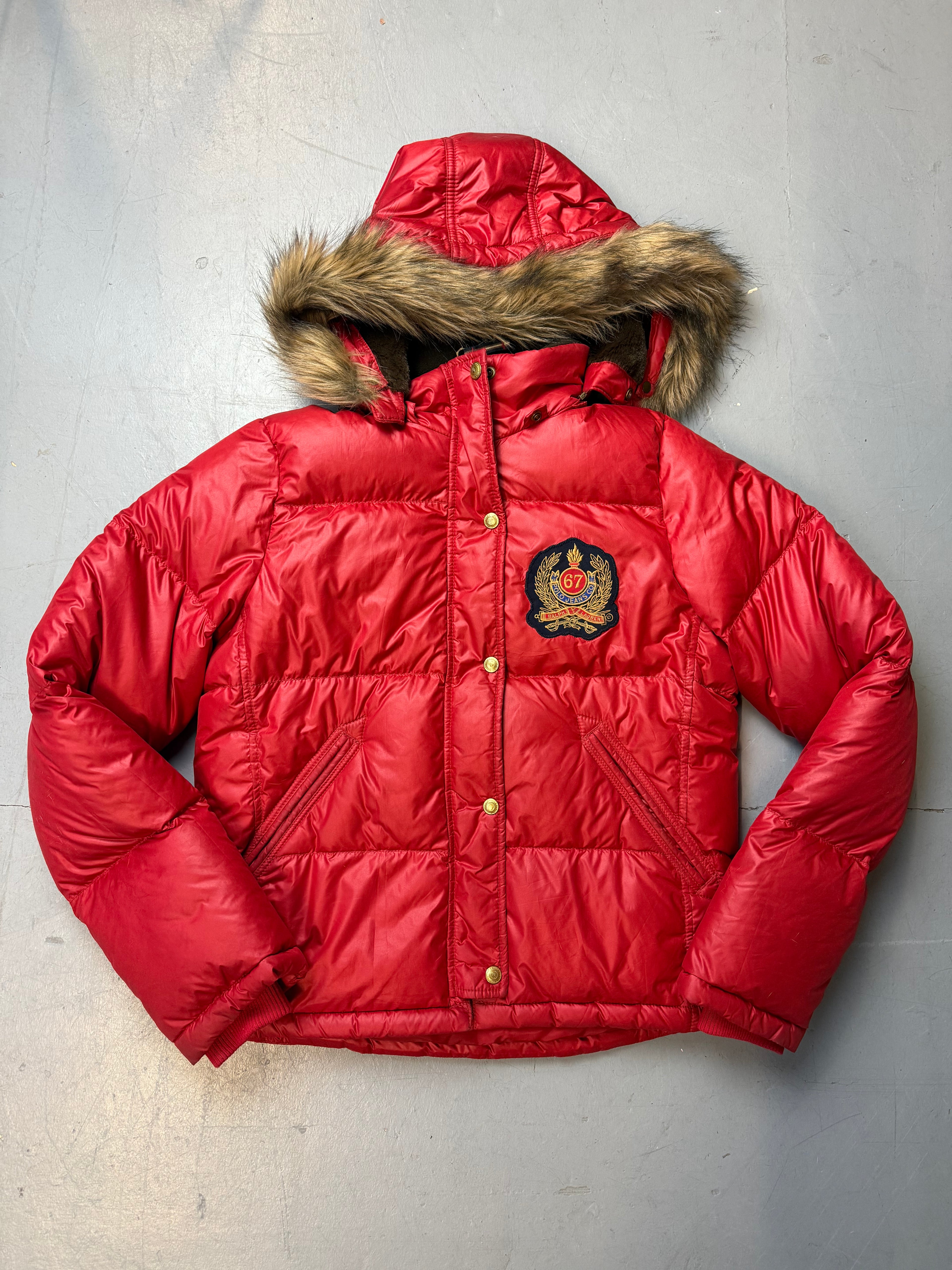 Vintage Polo Ralph Lauren Red Down Jacket with Faux Fur Hood L/XL