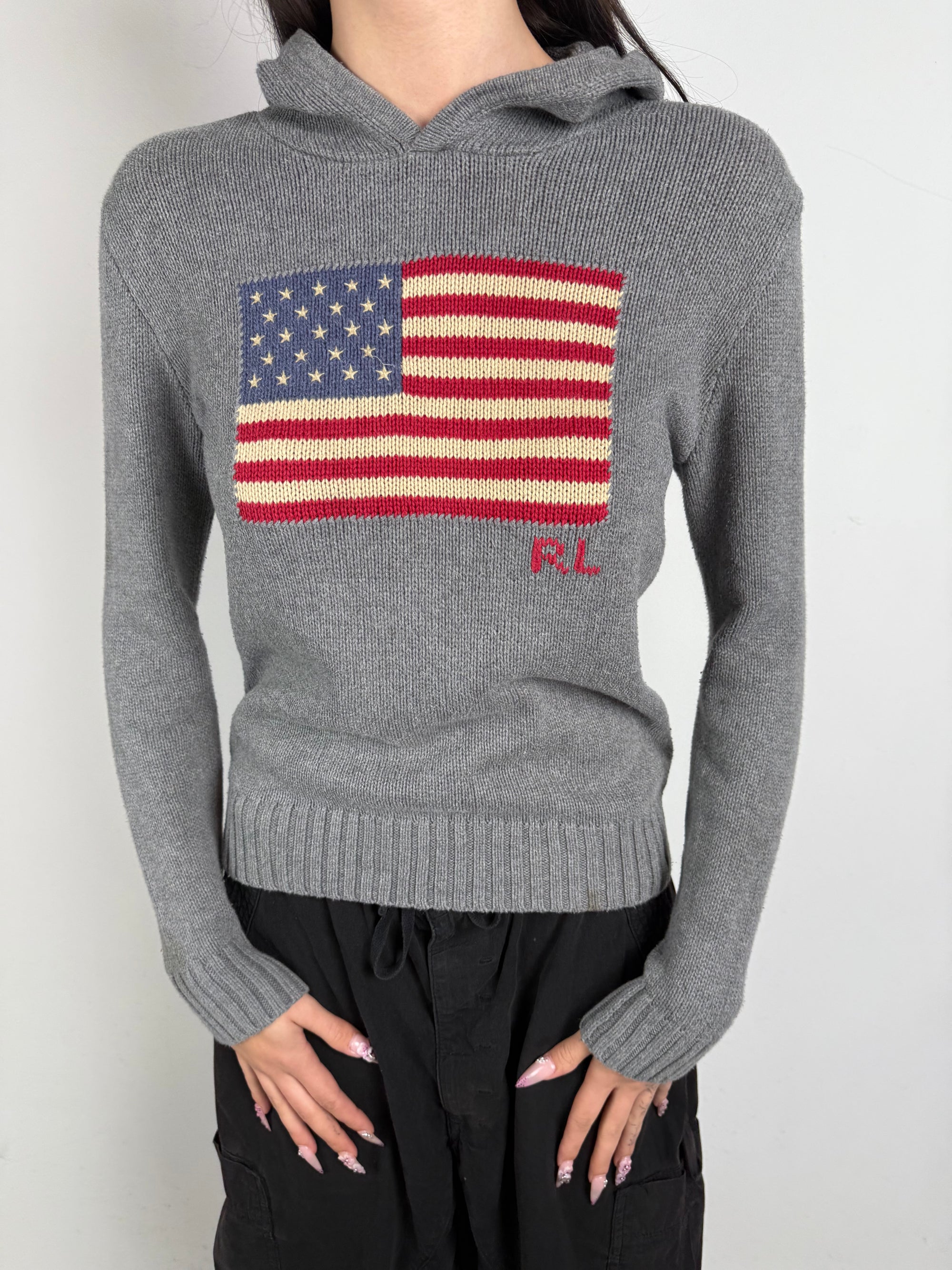 Tragebild von Vintage Polo Ralph Lauren Grey Knit Hoodie von vorne