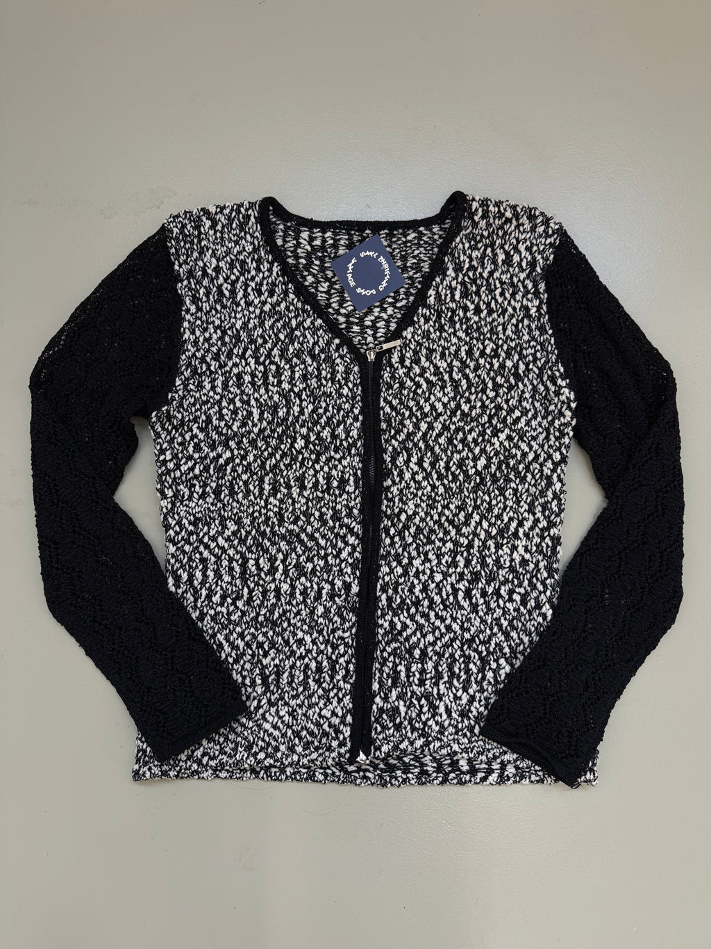 Vintage Black and White Knit Zip Sweater M