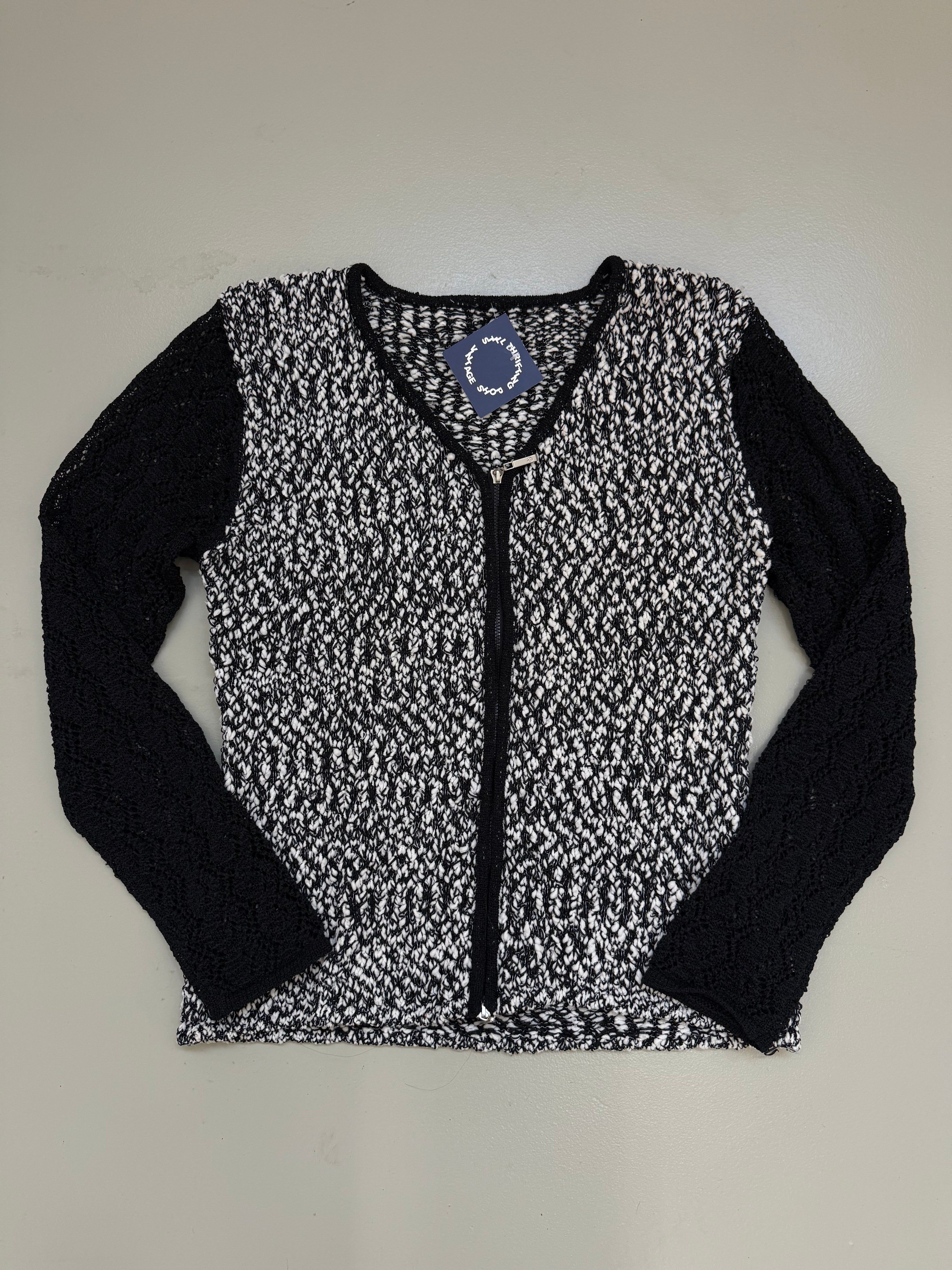 Vintage Black and White Knit Zip Sweater M