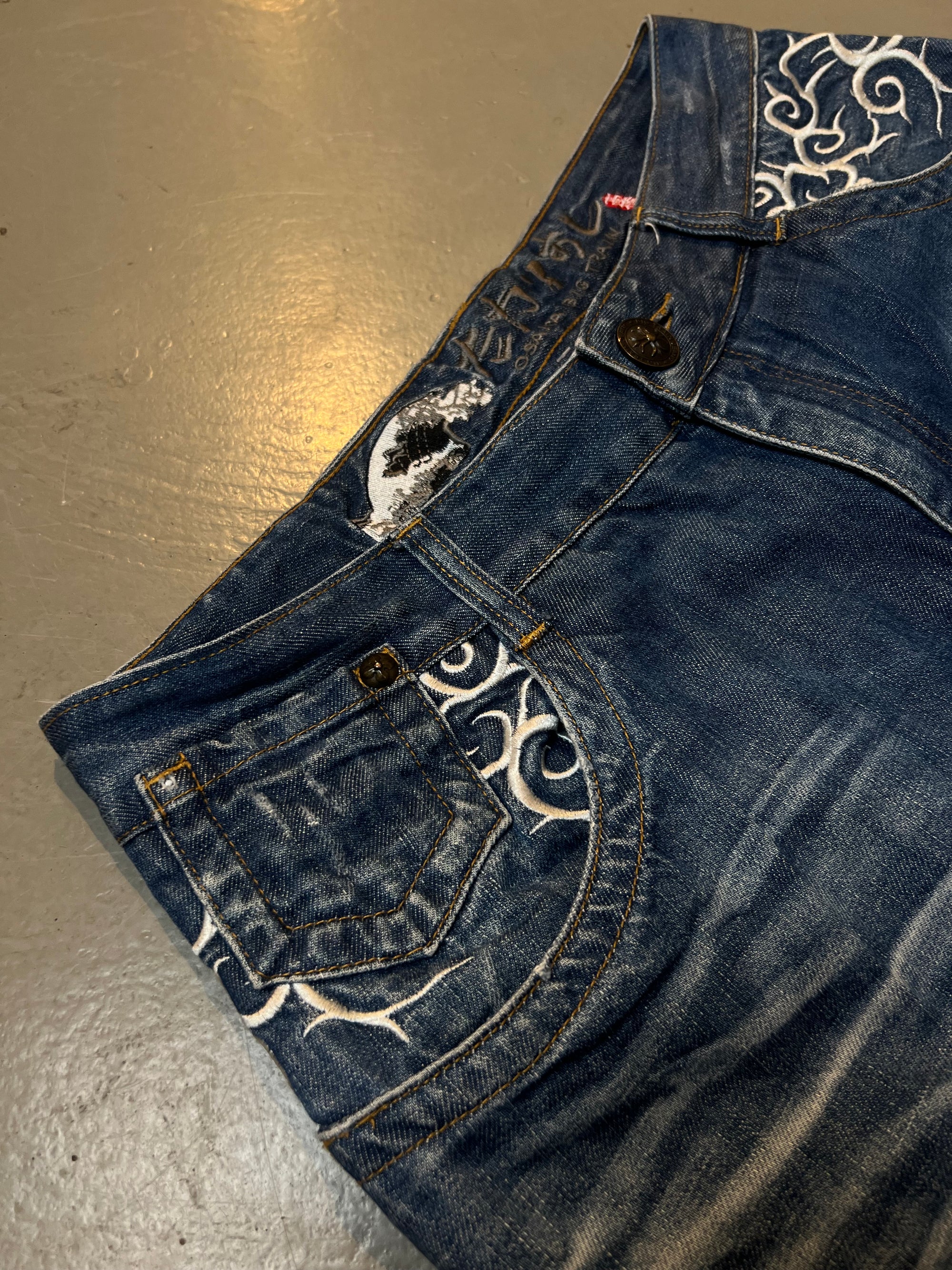 Vintage Stiched Tribal Big Train Blue Denim L/XL