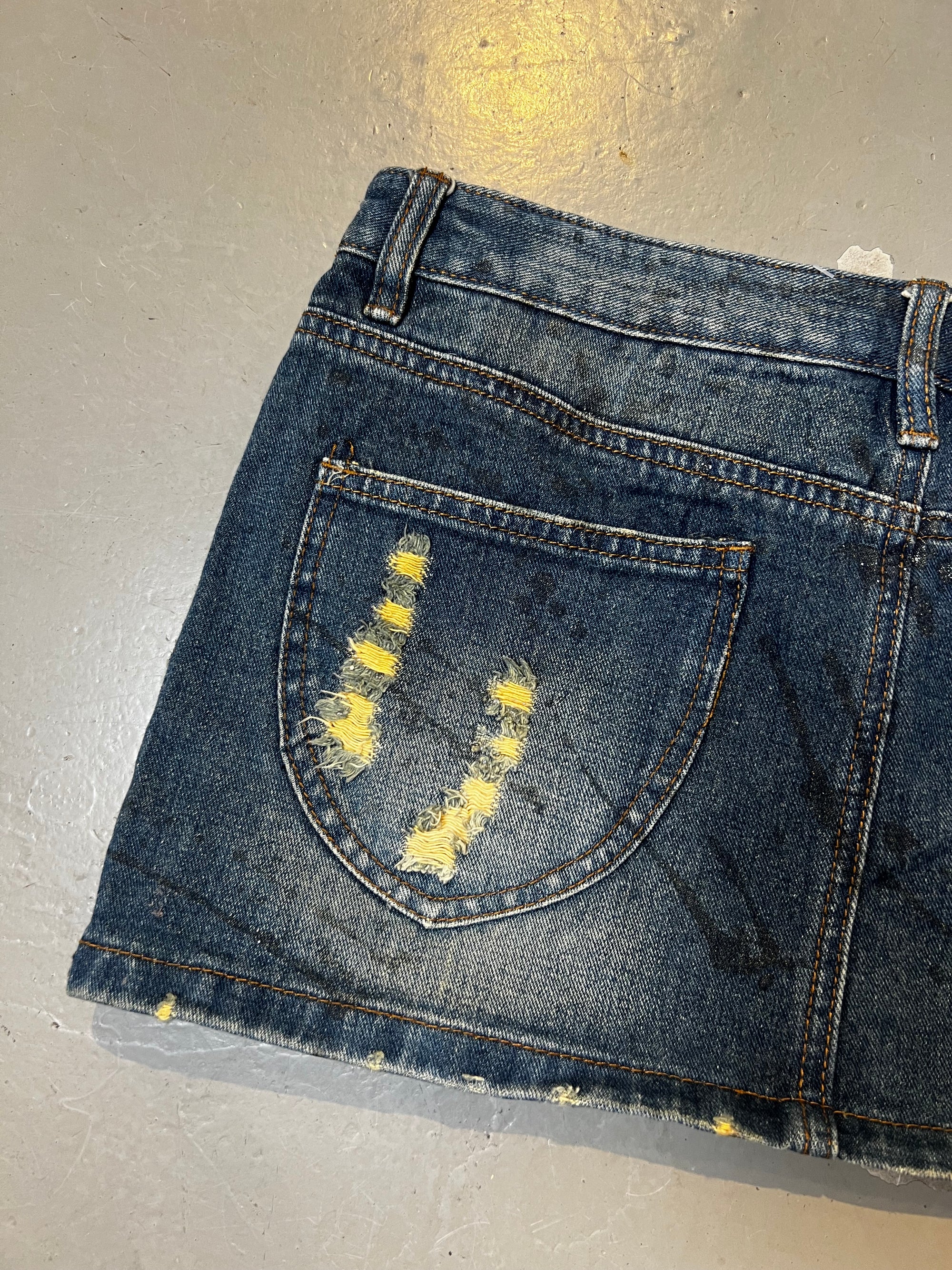 Vintage Y2K Blue Denim Mini Skirt with Gold Details S