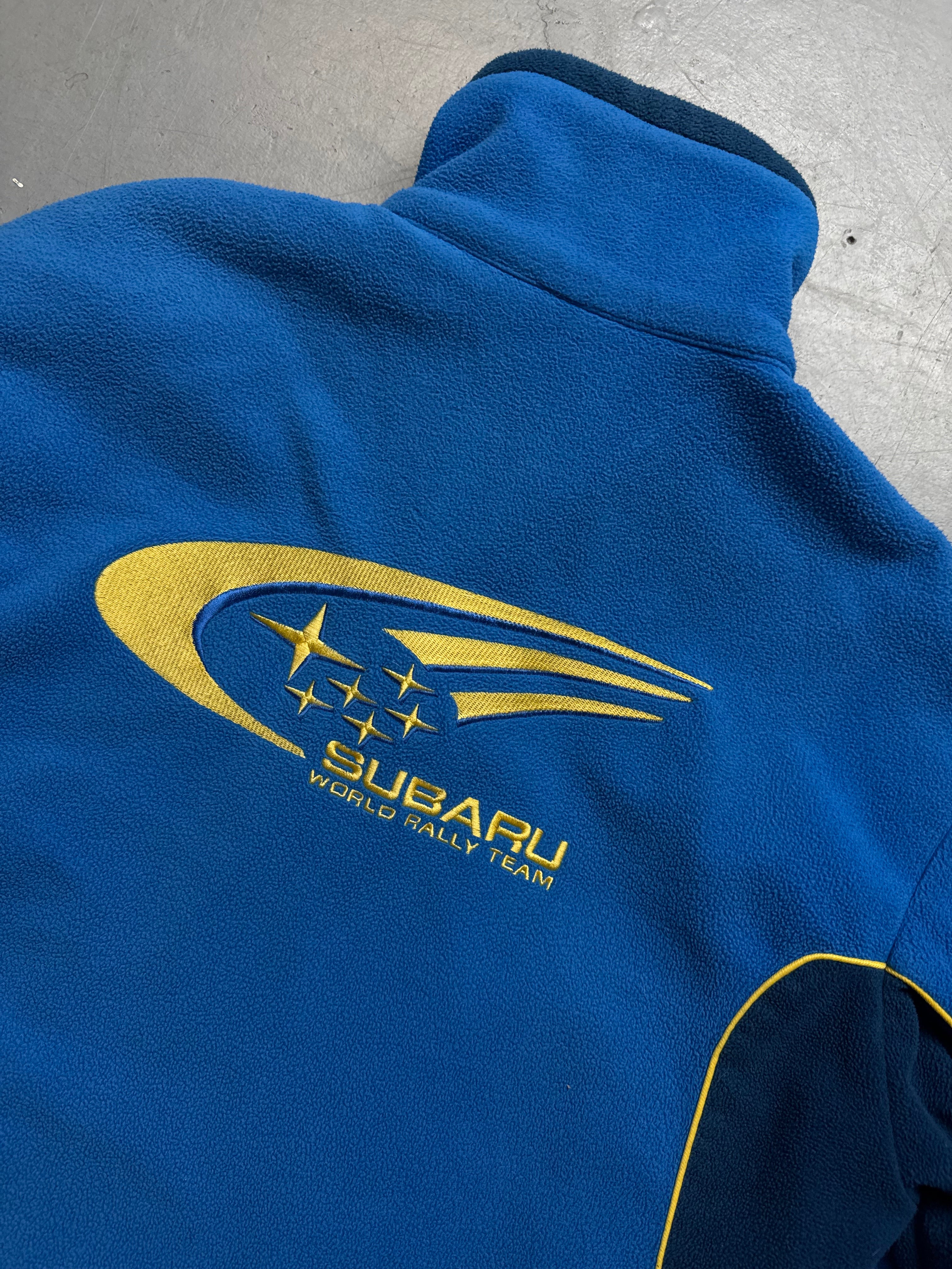 Vintage Subaru Pirelli Blue Fleece Sweater with nice details for boys. Y2K Second Hand 2000s Fashion 