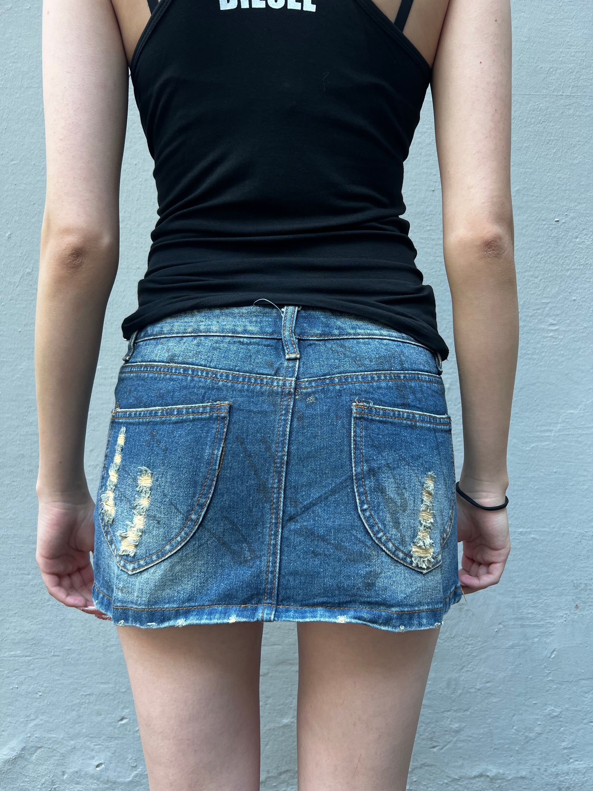 Vintage Y2K Blue Denim Mini Skirt with Gold Details S