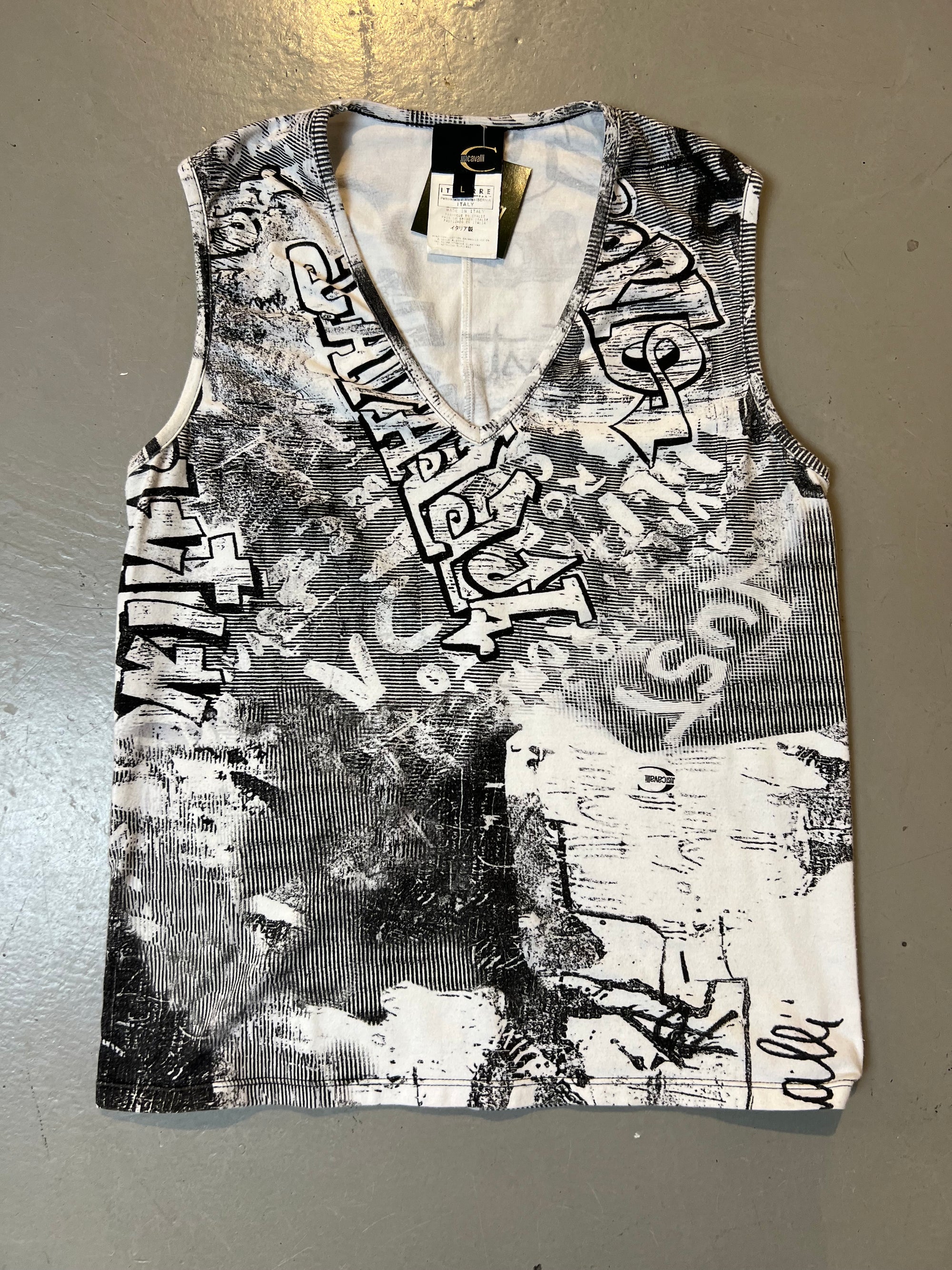 Vintage Just Cavalli White/Grey Printed Tank Top L