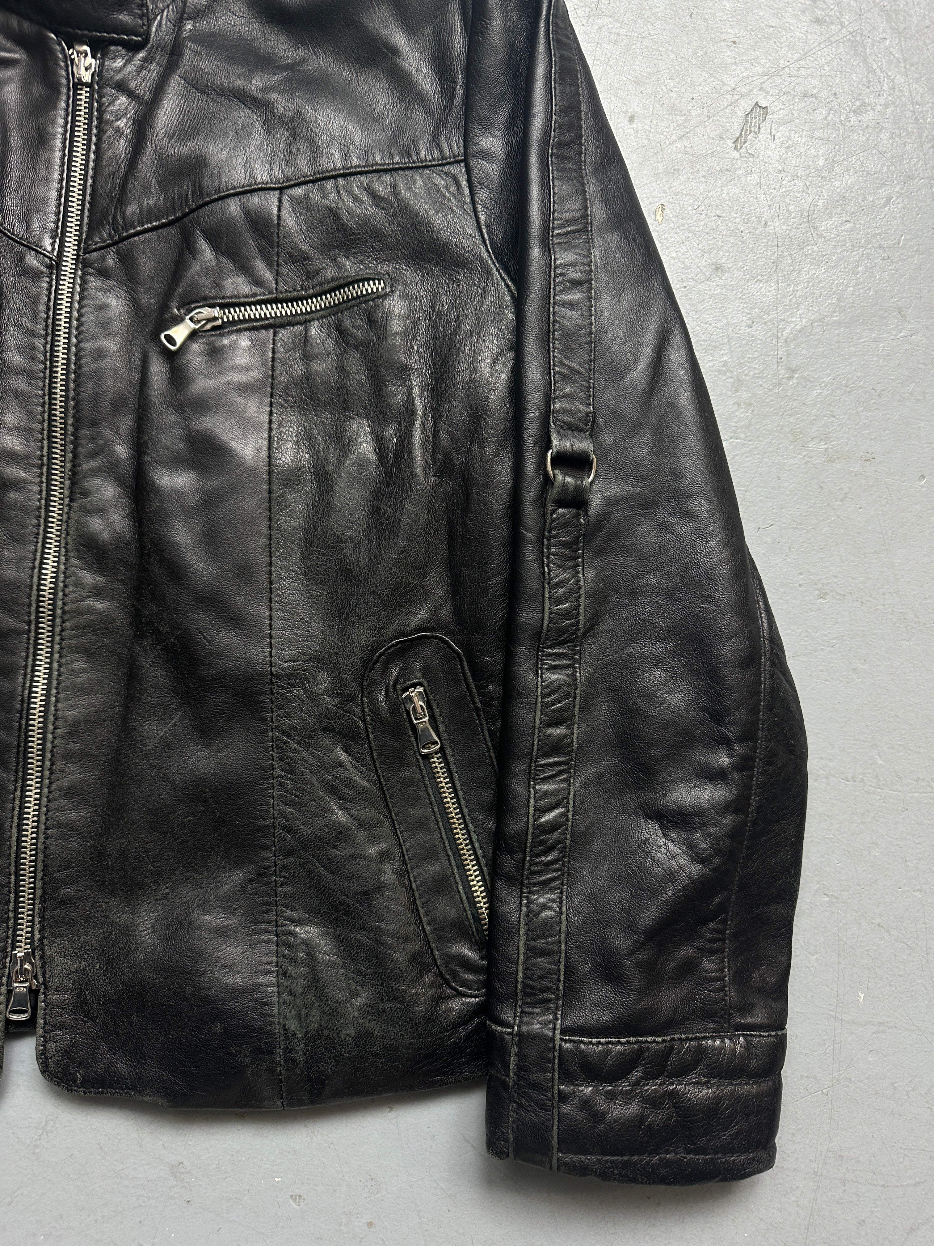 Vintage Black Italian Strap Detail Leather Jacket for men. Y2K Second Hand 2000s Fashion 