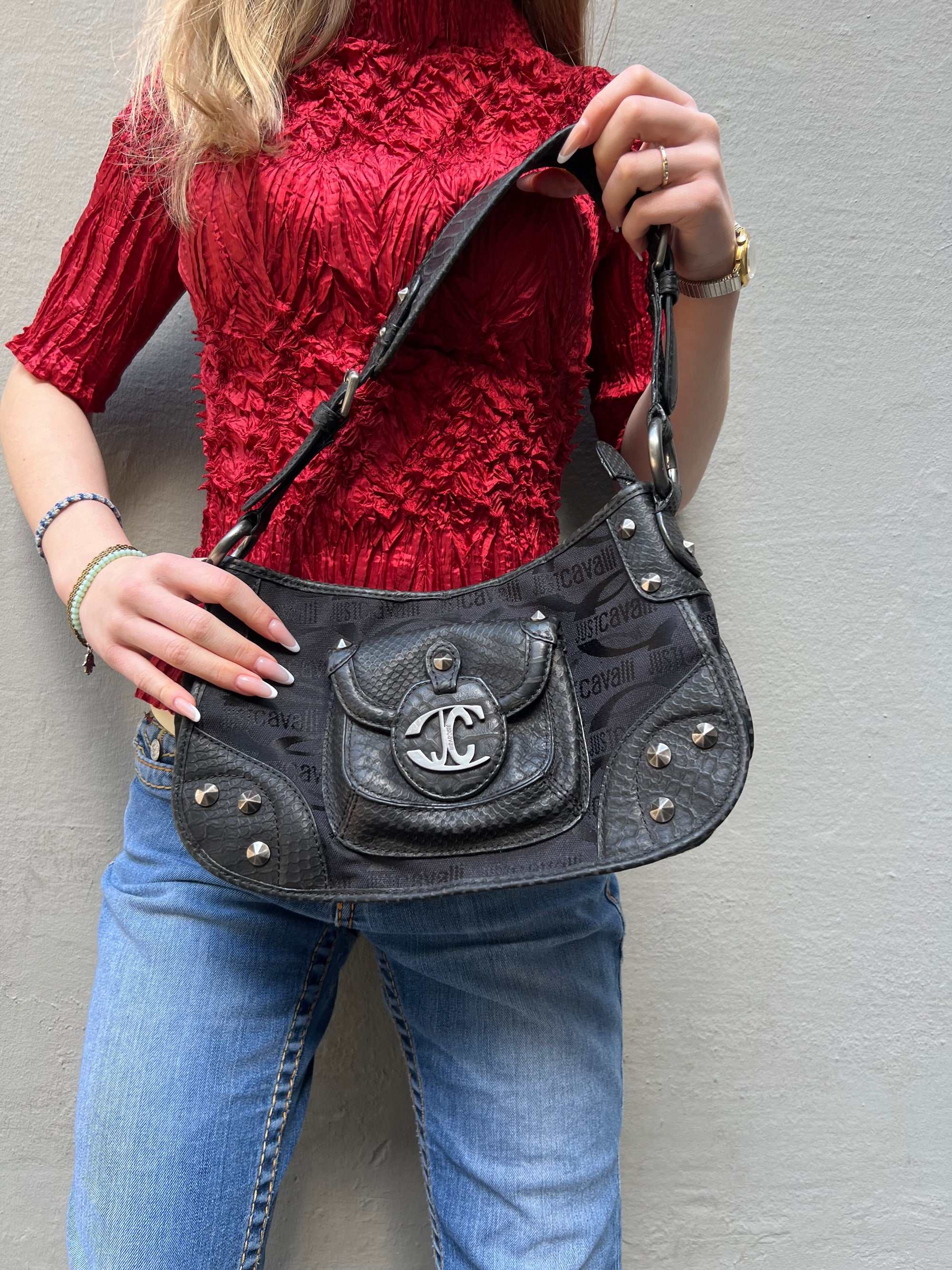 Vintage Black Studded Monogram Cavalli Shoulder Bag