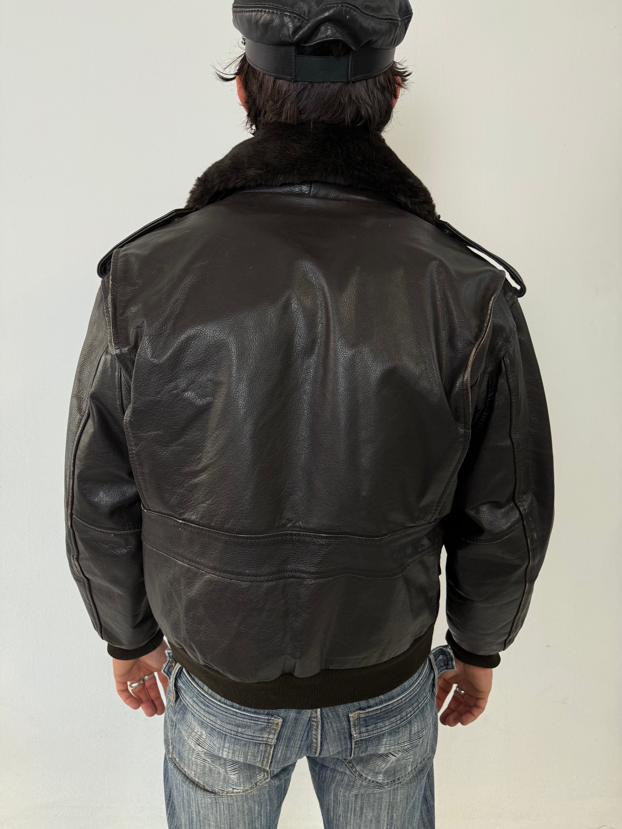 Vintage Brown Double Lined Leather Jacket with Removable Fur Collar