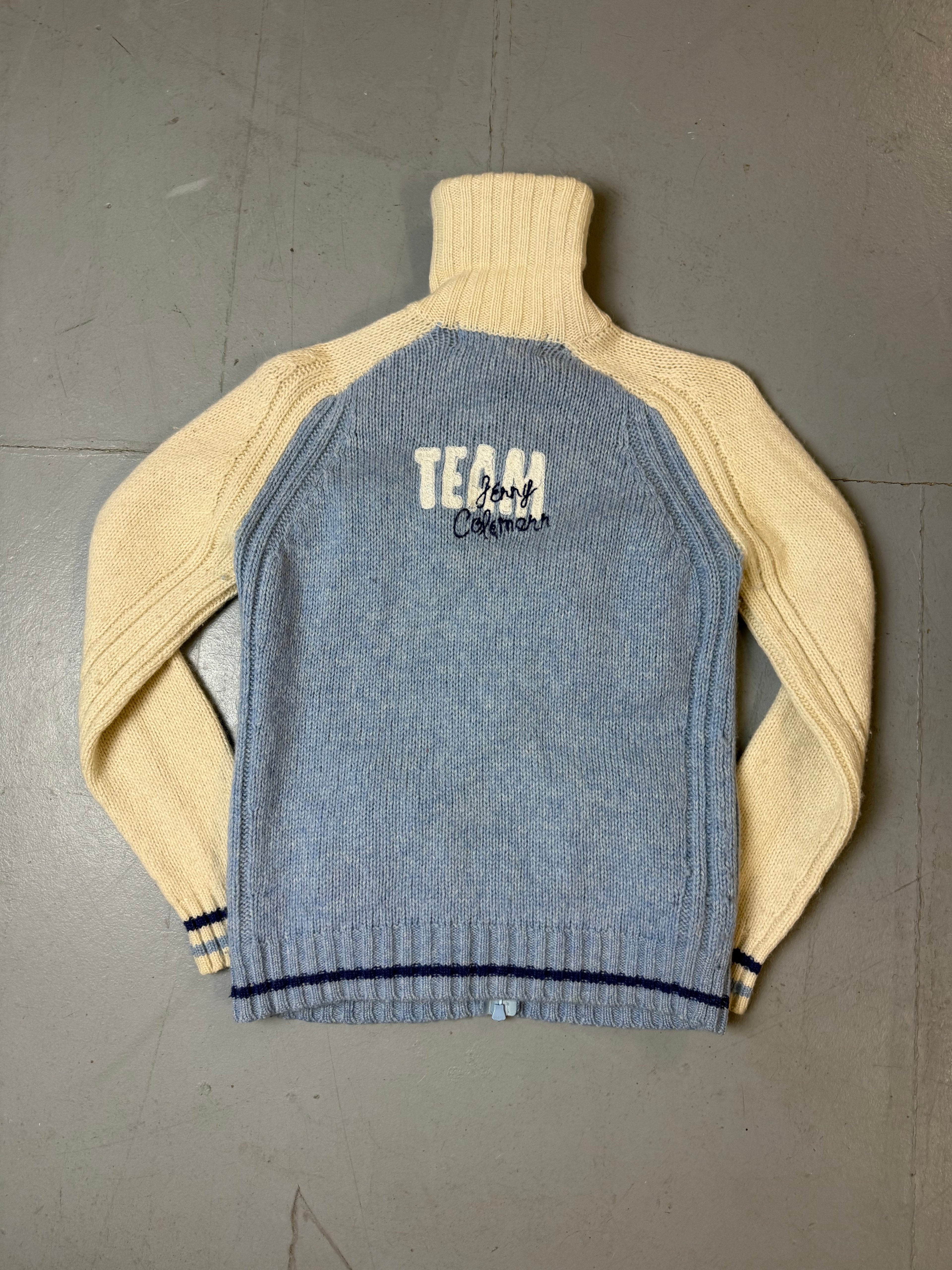 Vintage Guru Blue and Cream Knit Zip Up M