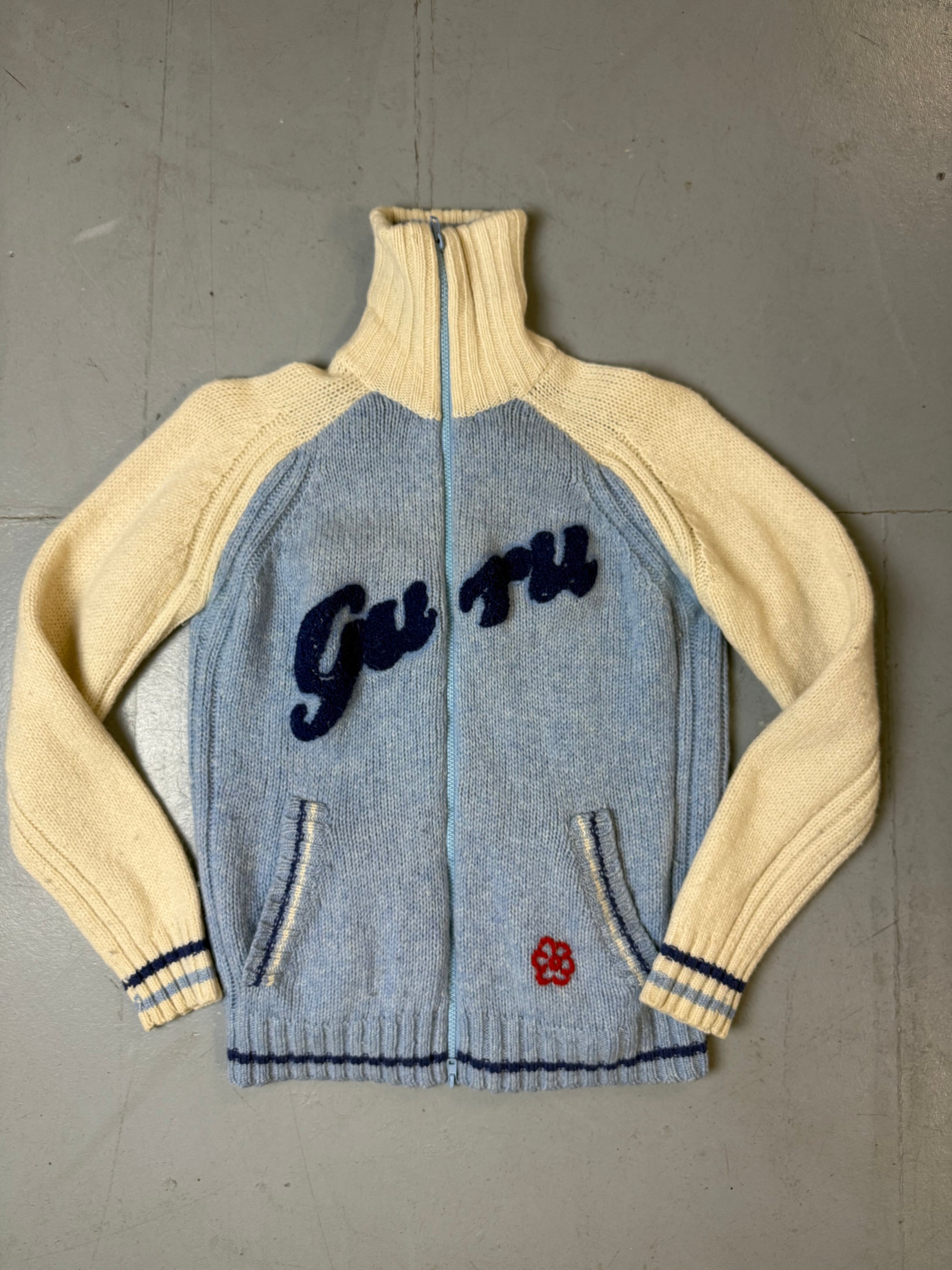 Vintage Guru Blue and Cream Knit Zip Up M