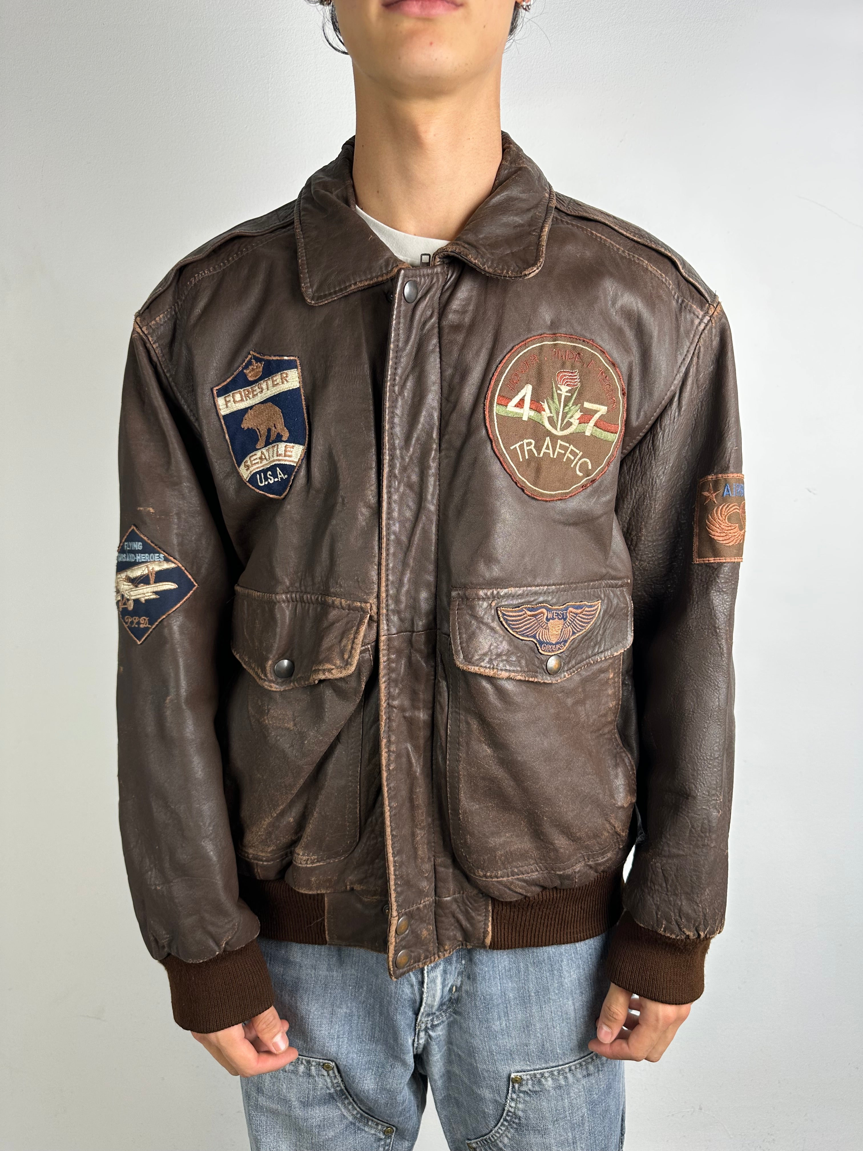 Vintage Brown Real Leather Jacket with Patches M