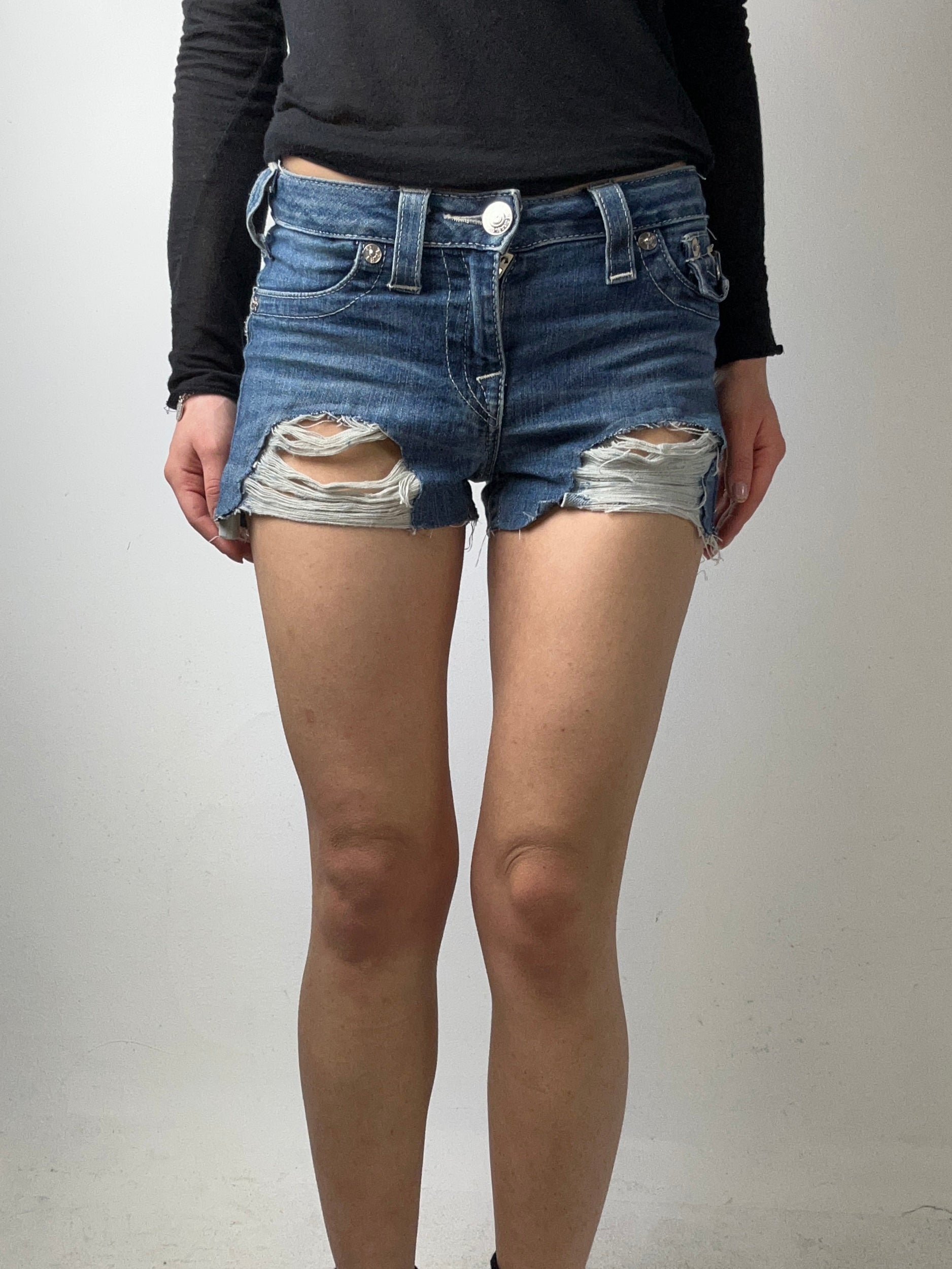 Vintage True Religion Ripped Blue Denim Shorts XS