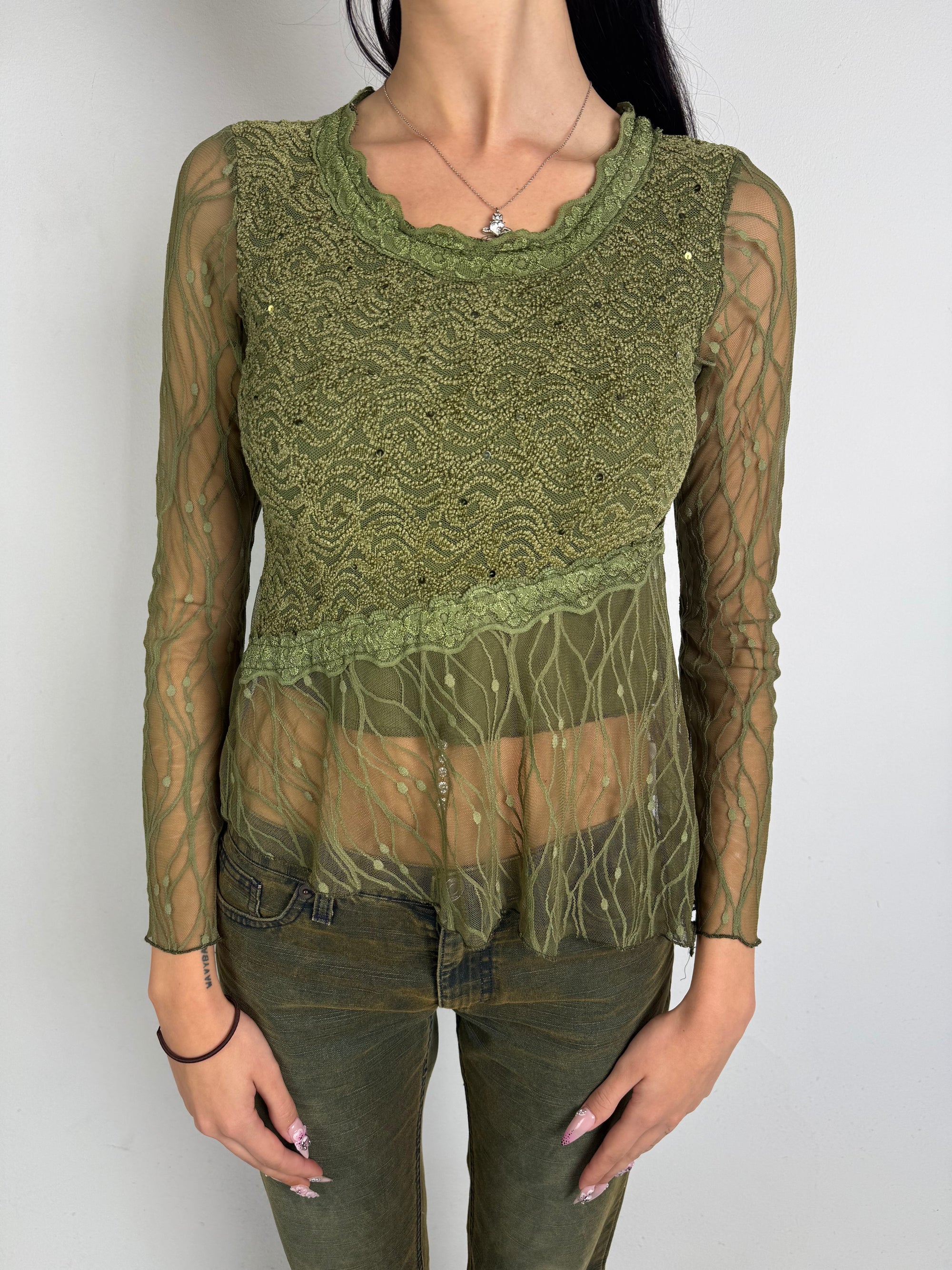 Tragebild von Vintage Green Fairy Mesh Longsleeve von Vorne
