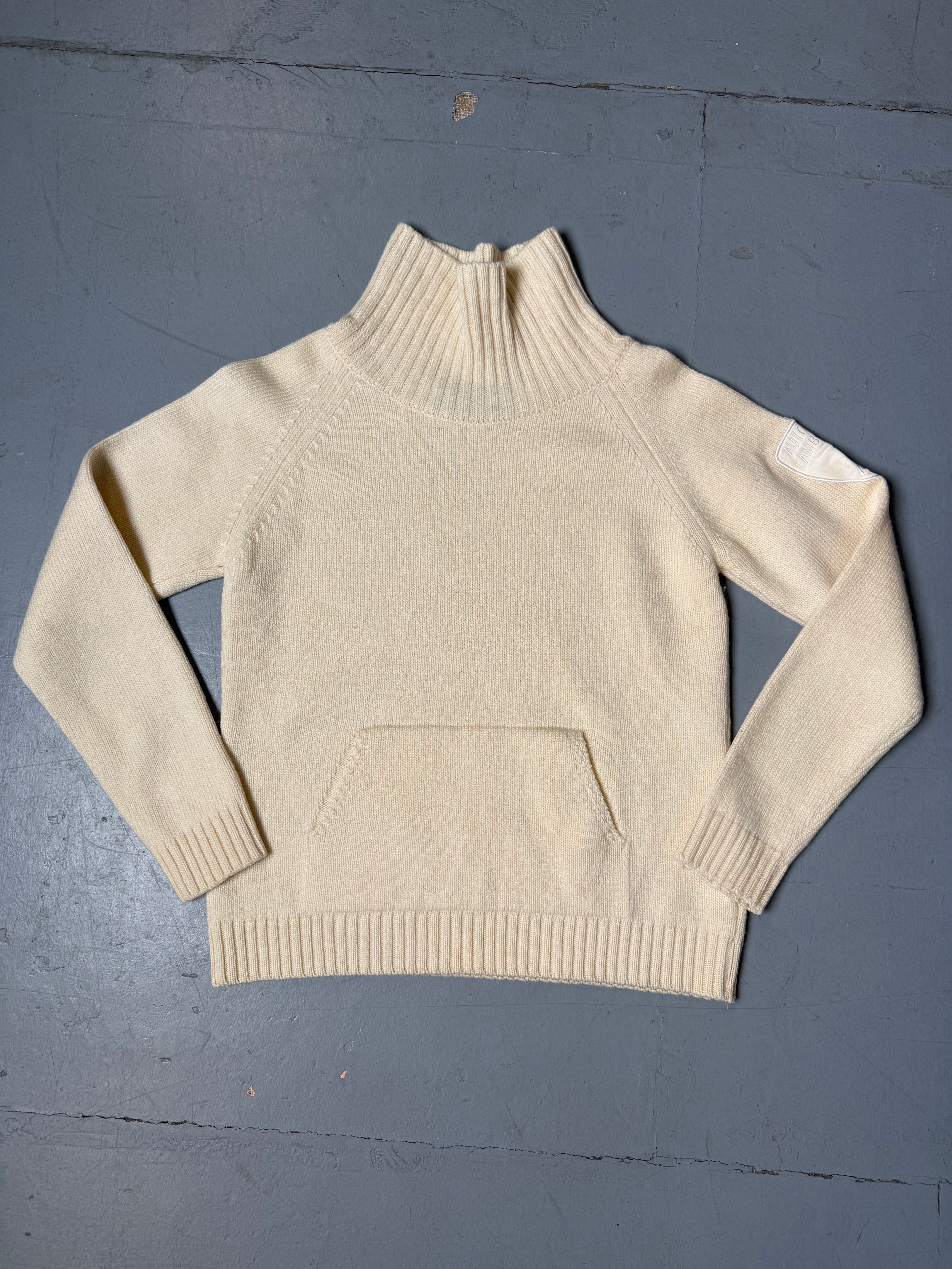 Vintage Lamborghini Cream Turtleneck Knit Sweater für Damen. Y2K Secondhand 2000s Fashion.