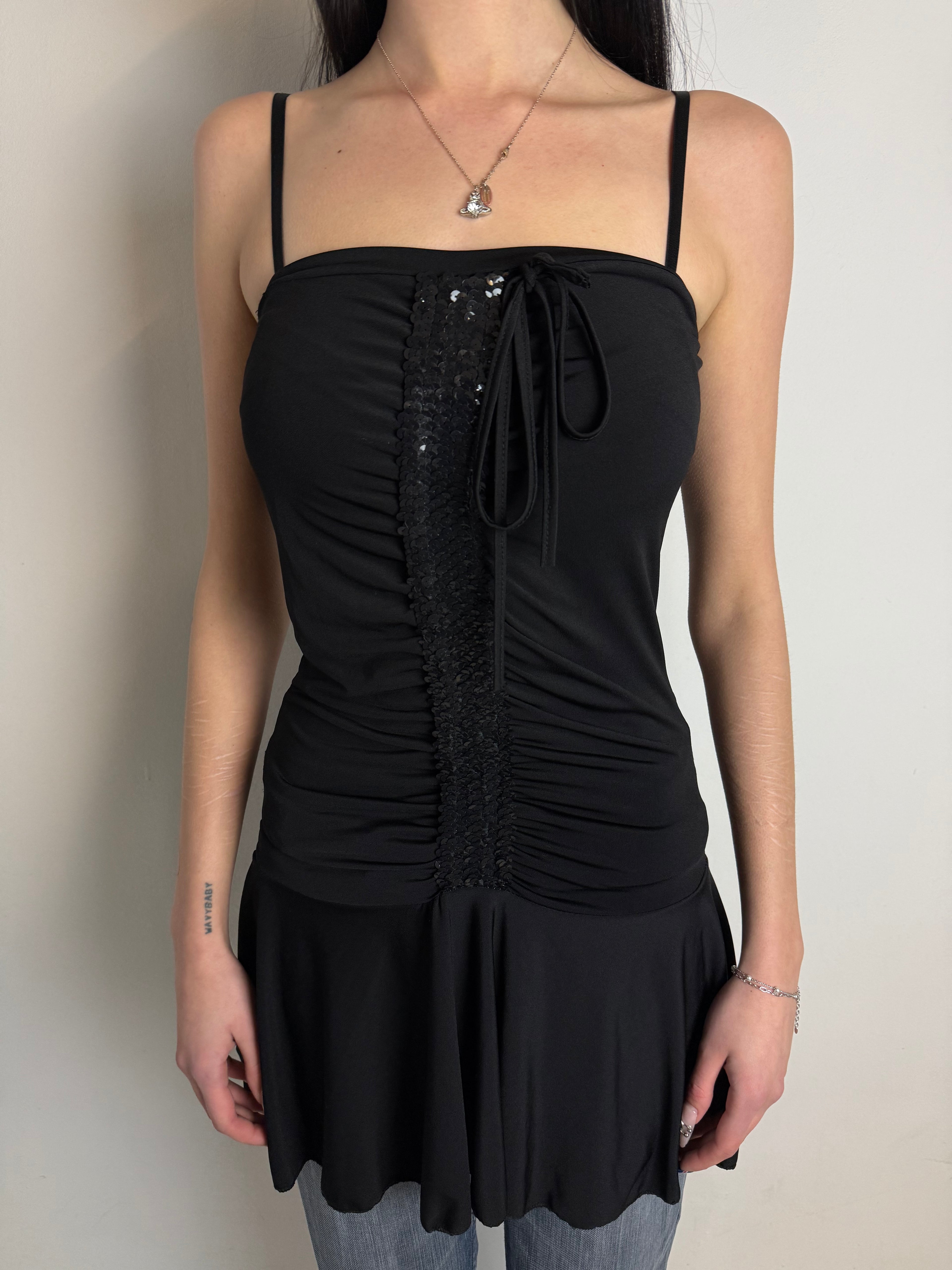 Vintage Black Strapless Mini Dress with Sequins S/M