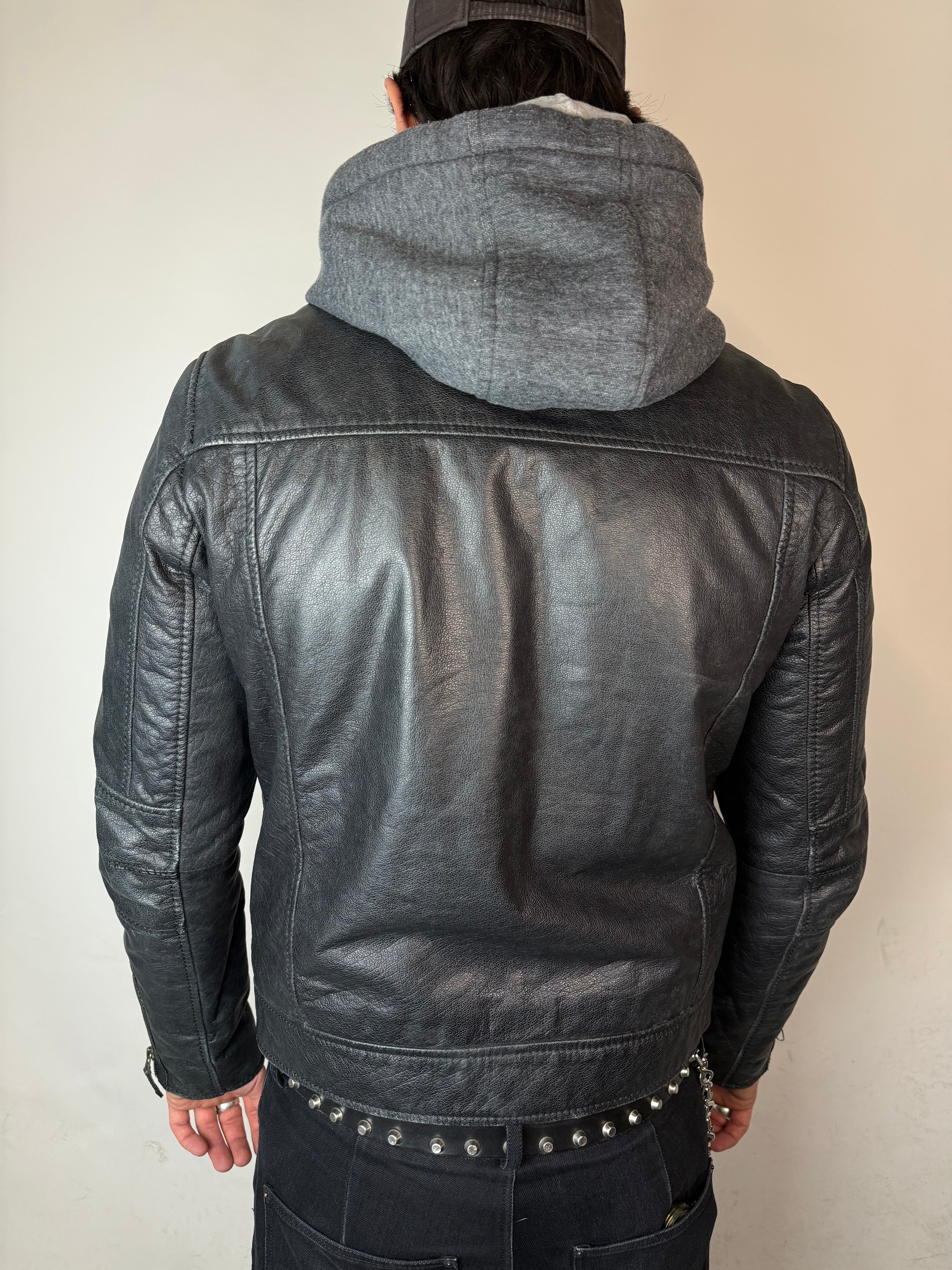 Vintage Oakwood Black Hooded Leather Jacket M