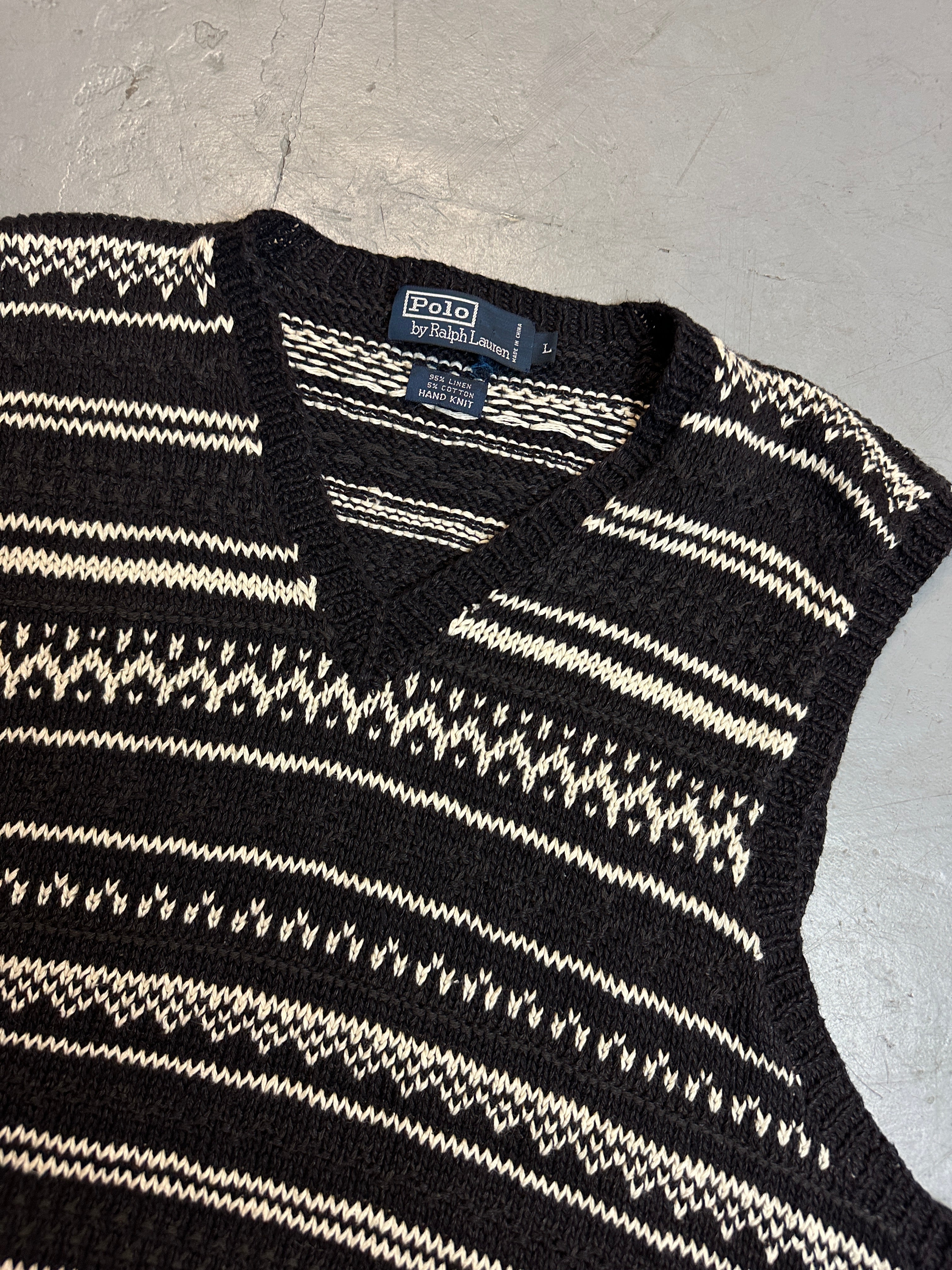 Vintage Polo Ralph Lauren Black and White Sleeveless Knit Sweater für Herren. Y2K Second Hand 2000s Fashion