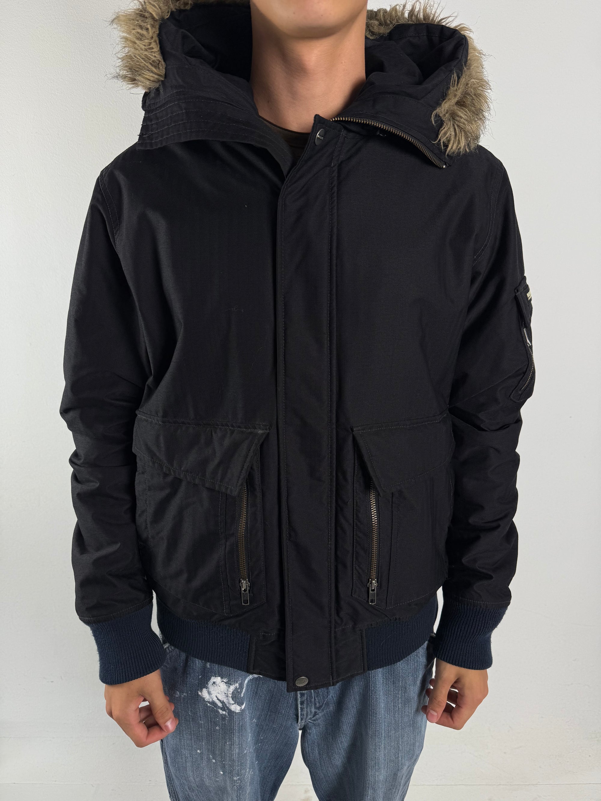 Vintage Woolrich Black Winter Jacket with Fur Hood M/L