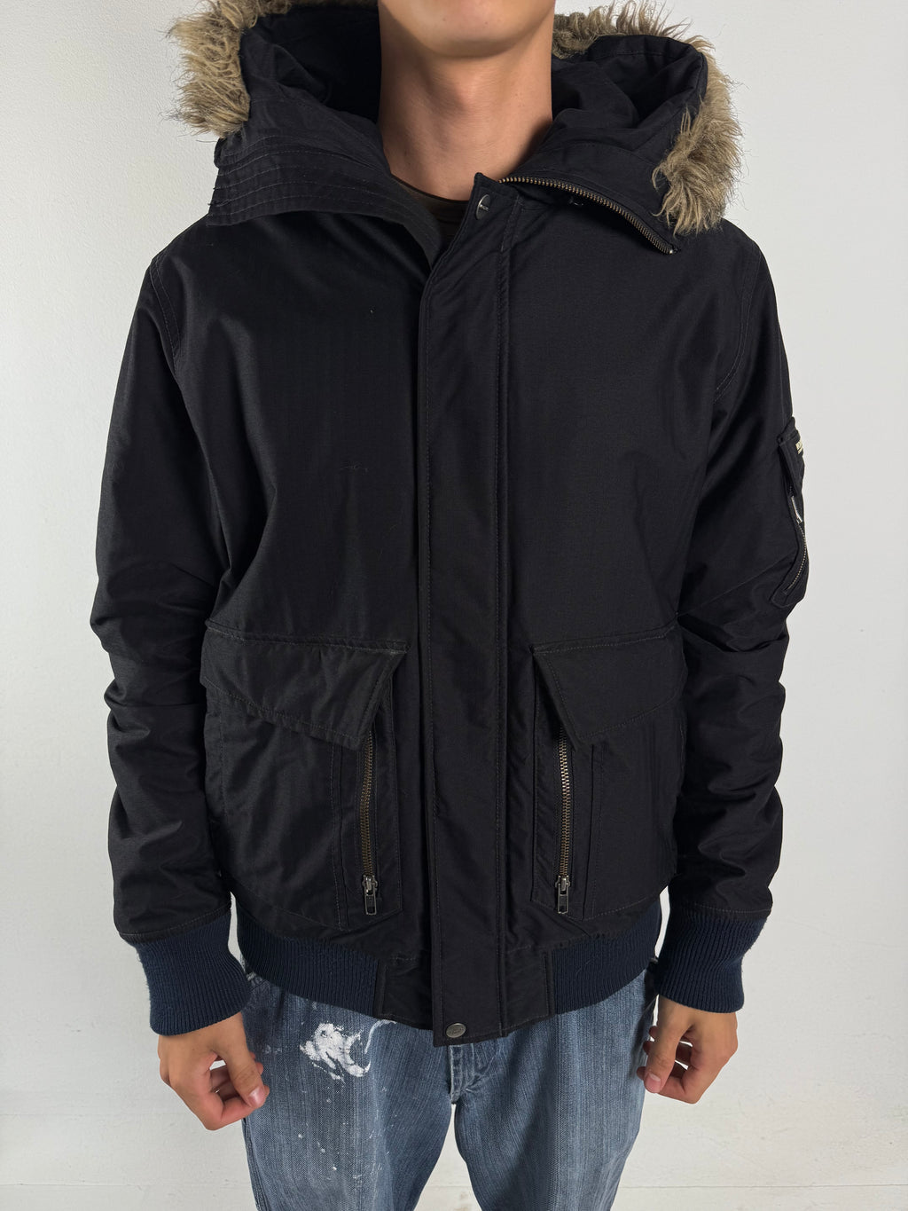 Vintage Woolrich Black Winter Jacket with Fur Hood M/L