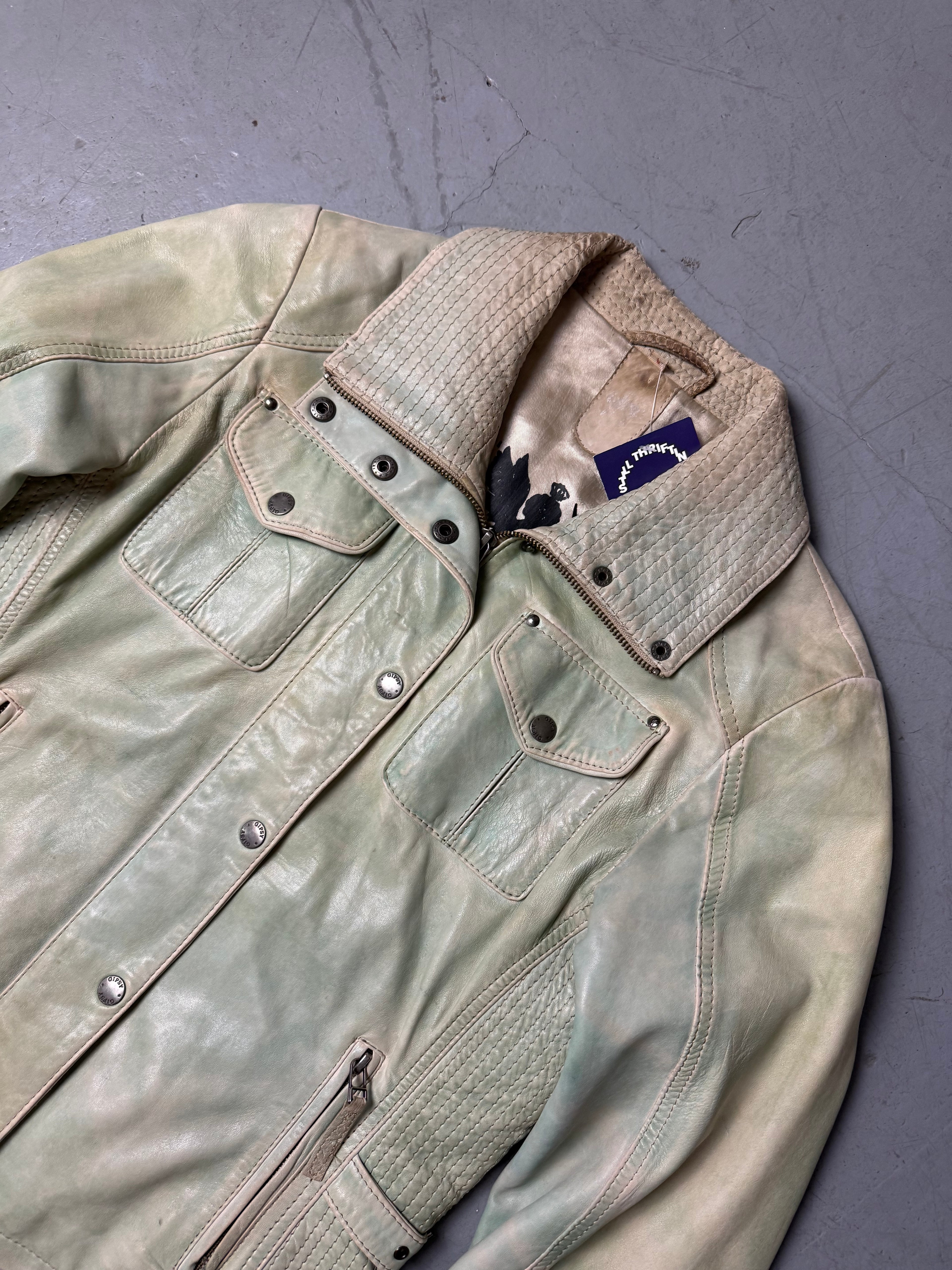 Vintage Gipsy Mint Green Leather Jacket Whit nice details for girls. Y2K Second Hand 2000s Fashion 