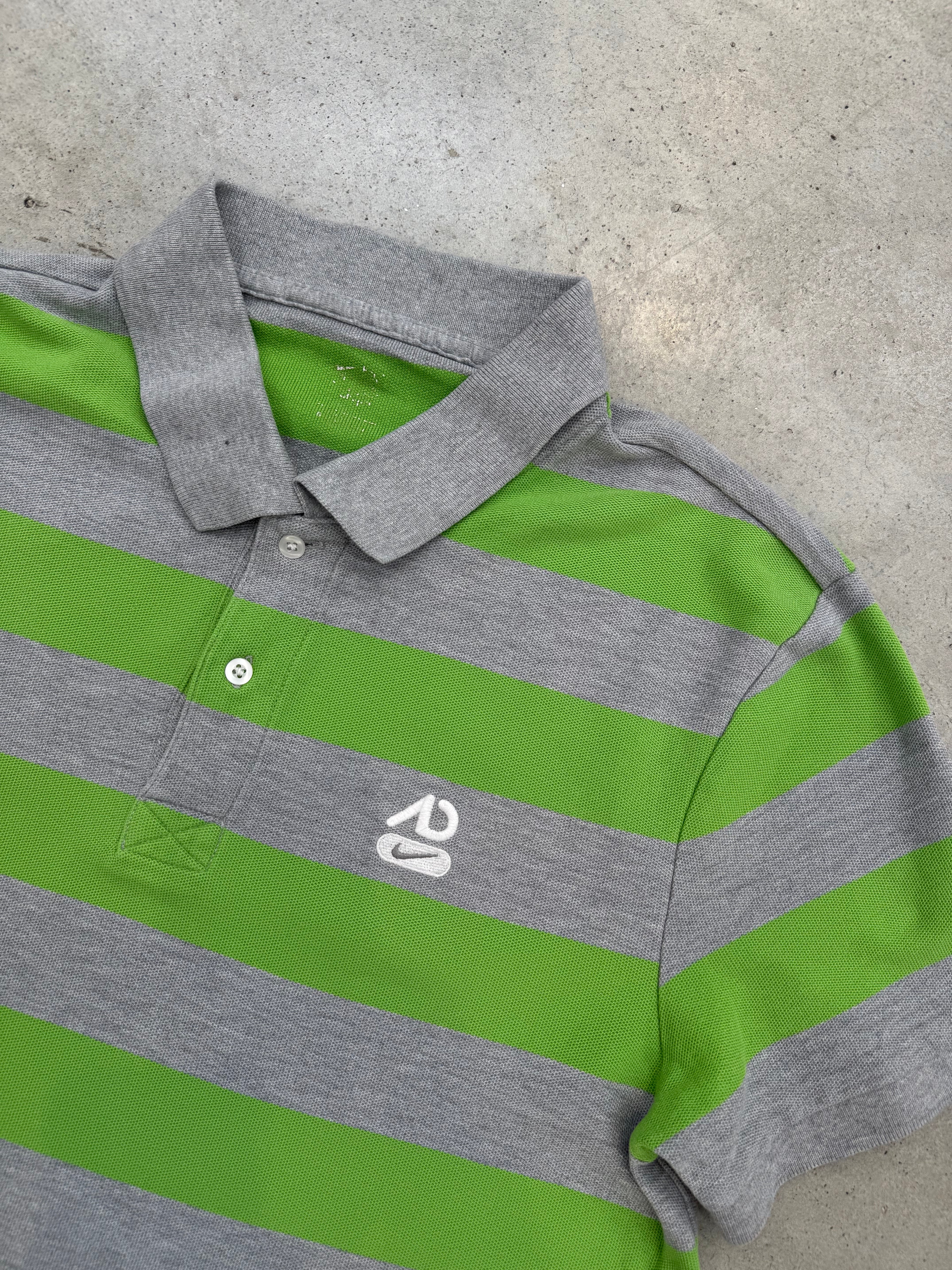 Vintage Nike Grey and Green Striped Polo Shirt S/M