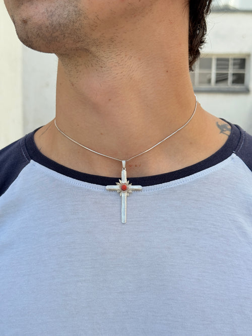 925 Sterlingsilber Kreuzanhänger mit Koralle & Schlangenkette