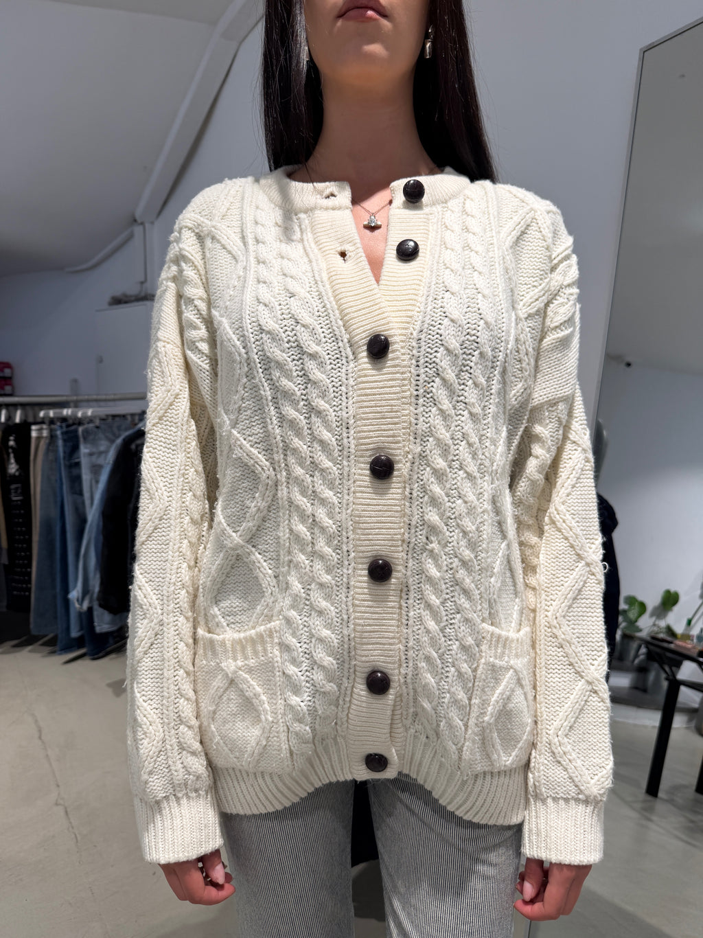Vintage Beige Knit Cardigan (XL)